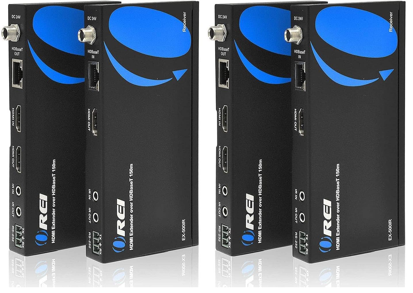 OREI 1080p HDBaseT HDMI Extender Over Cat5e/6 Ethernet LAN Cable - Up to 500 Feet, Supports HDCP 1.4, Bi-Directional IR, HDMI Loop-Out, RS-232, PoC, HDMI Balun (EX-500IR) (Pack of 2)