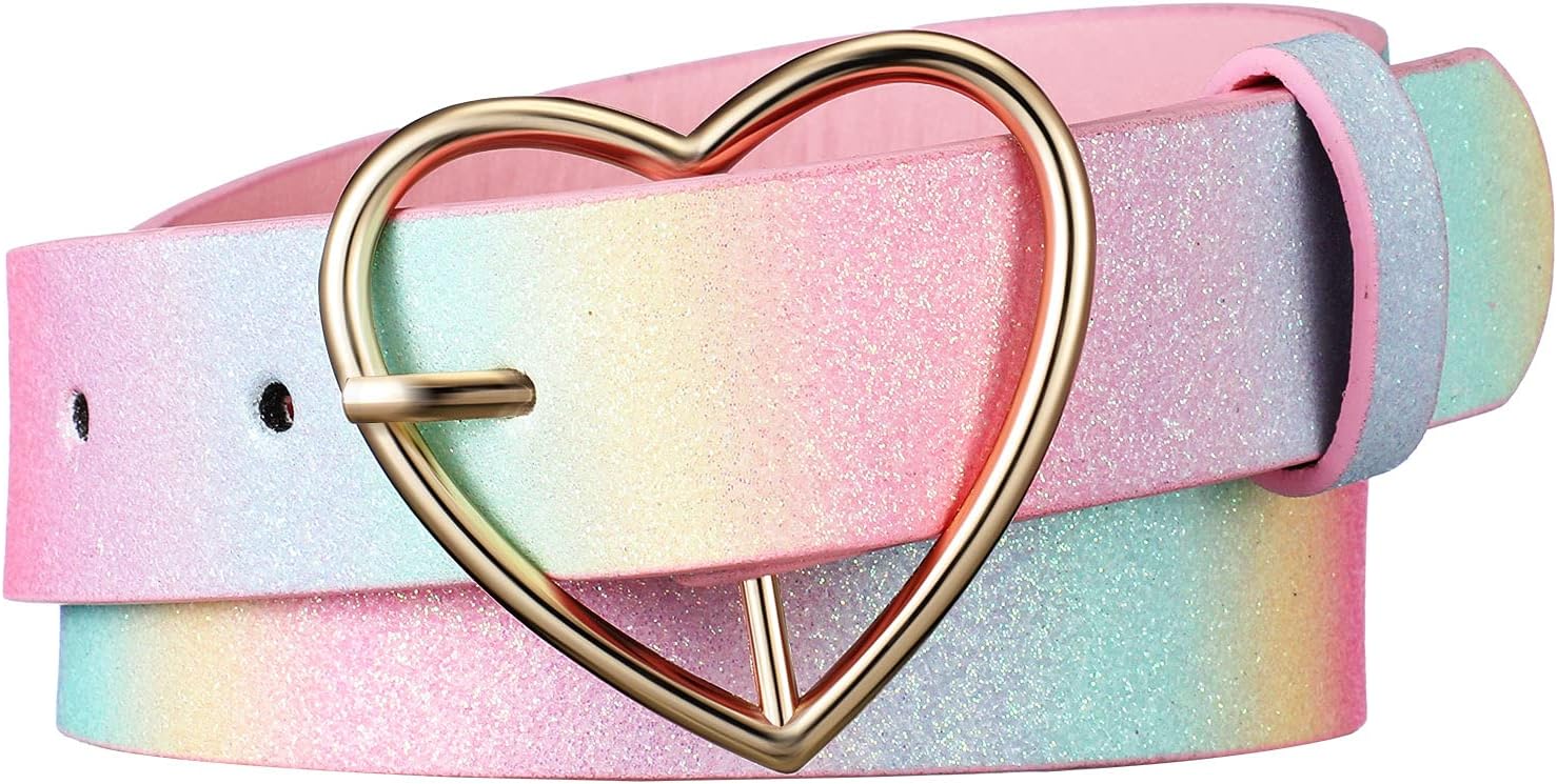 SATINIORRainbow Belt PU Leather Waist Belt Women Girls Glitter Belt with Heart Buckle Adjustable Shiny Dress Belt for Jeans Dress