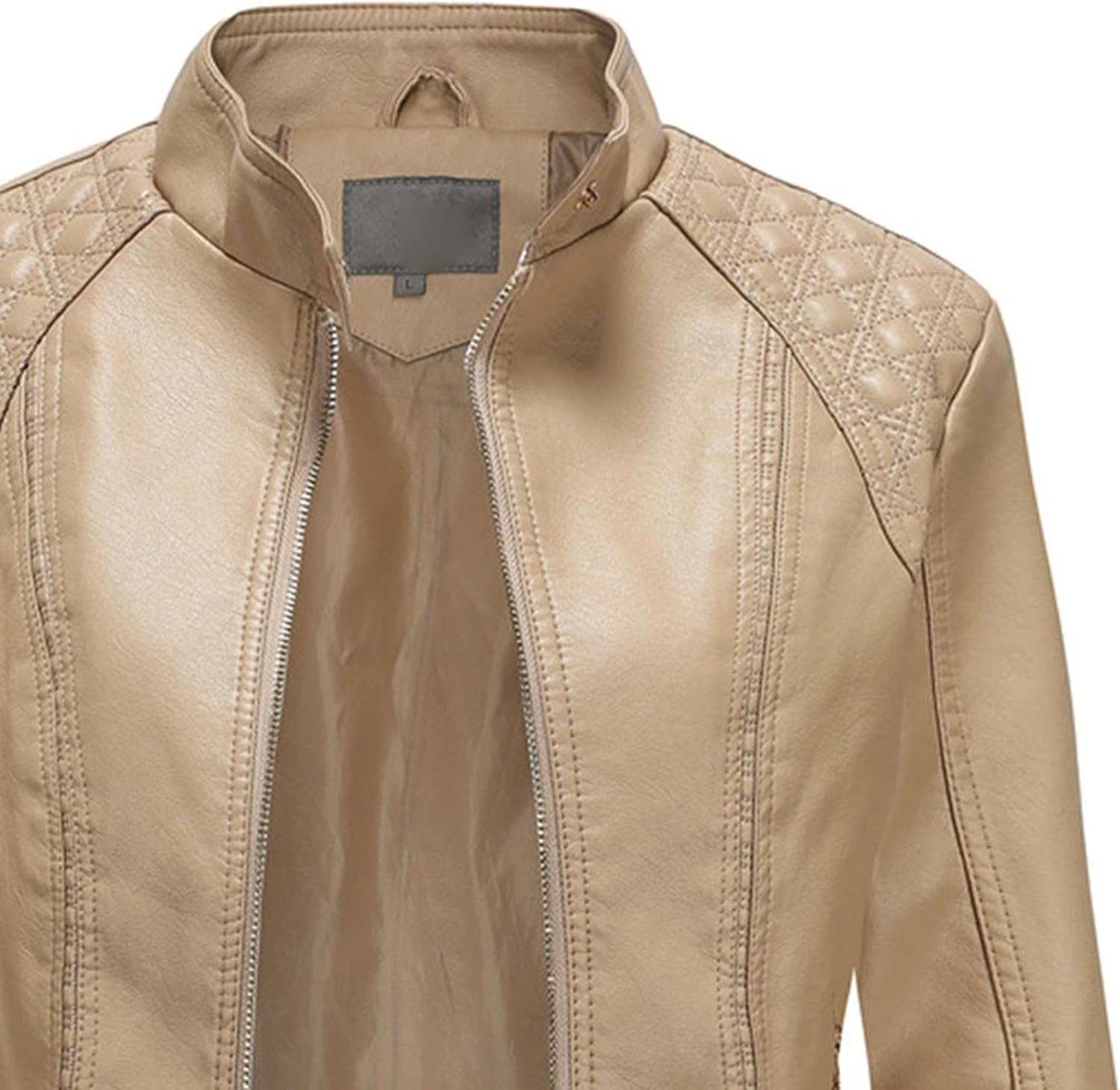 JEsilunmaMY Women's Solid Color Motorcycle Leather Jacket Stand Collar Zip Up Moto Biker Outwear Casual Loose Bomber Coats