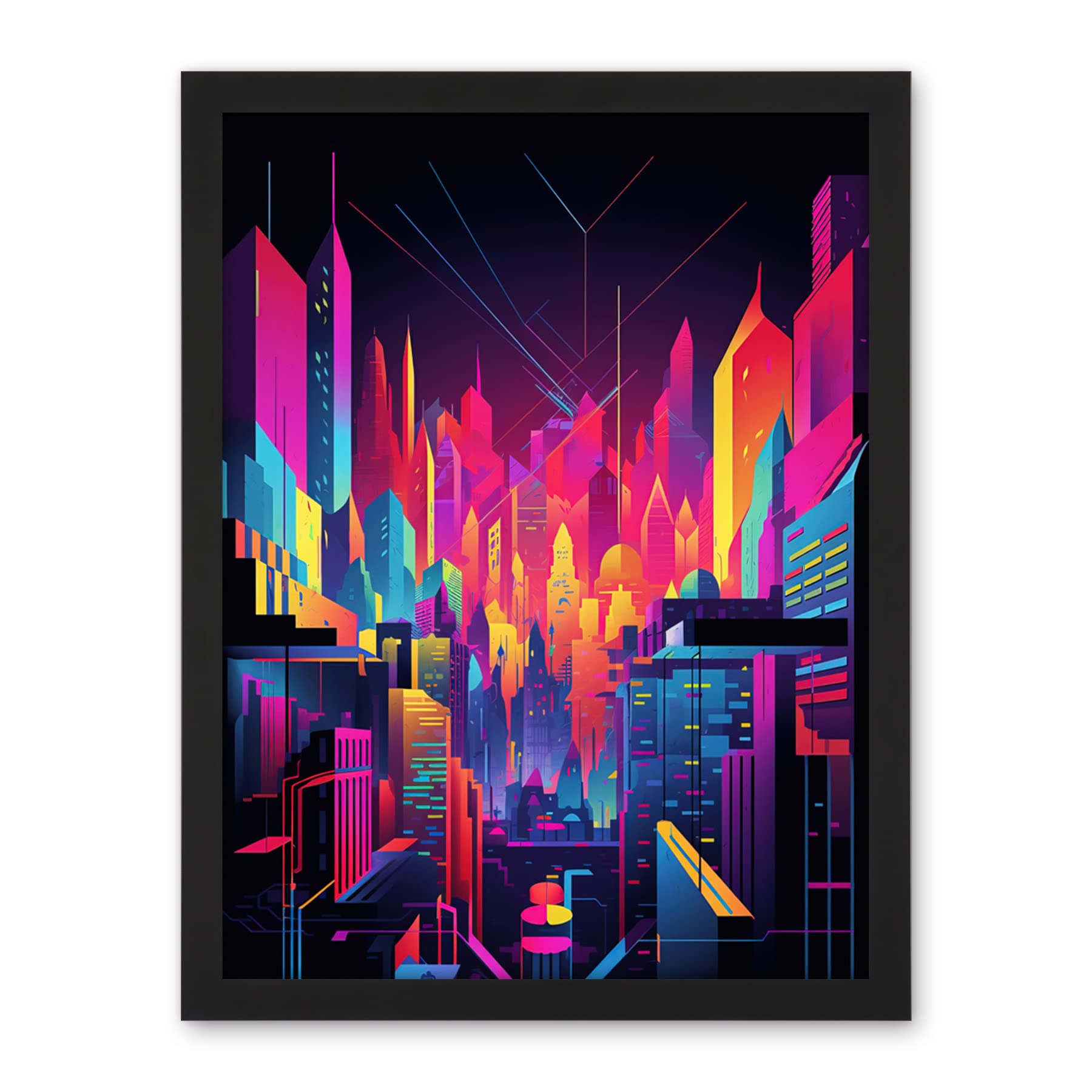 Artery8 Neon Light Colour Abstract Metropolis Cityscape at Night Modern Artwork Artwork Framed Wall Art Print 18X24 Inch