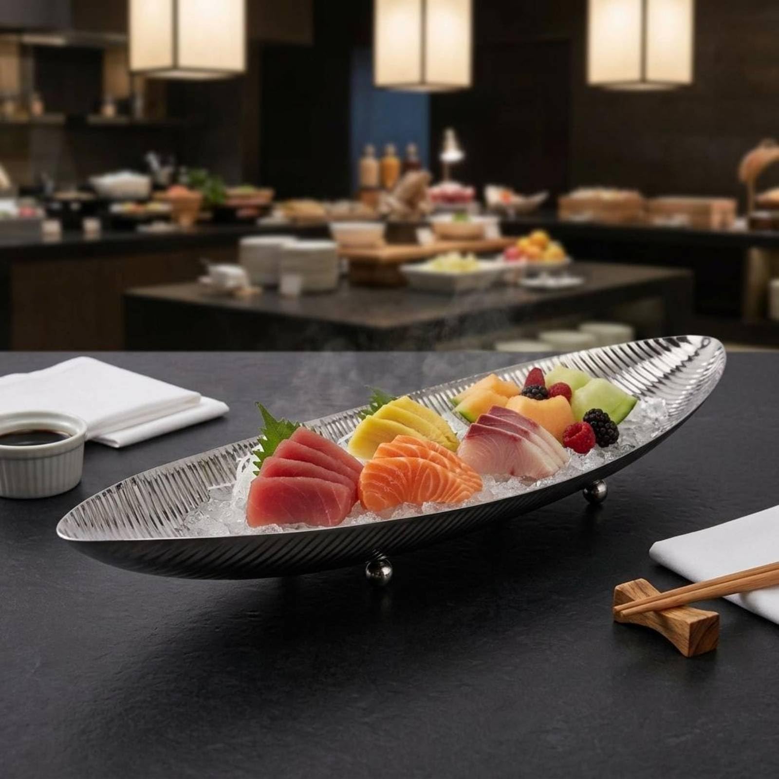 Fuente de Servicio de Pescado Bandeja Platter Servidor en Acero Inoxidable para Alimentos con Apariencia Moderna y Textura Martillada Adecuada para, Oro Rosa, 470X140XH60MM