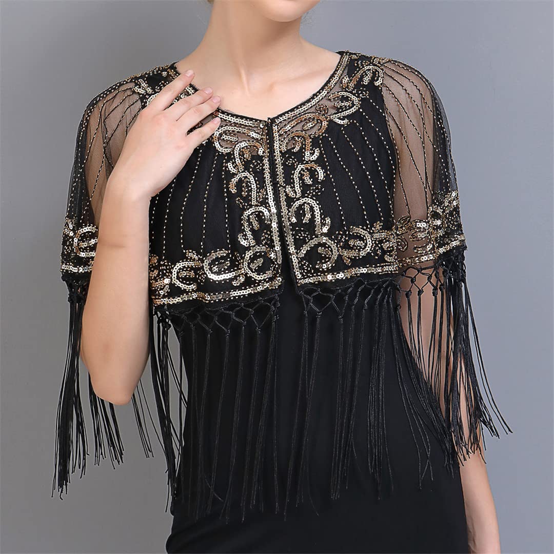 Sciarpa in pizzo e rete, Scialle da donna con frange e paillettes, trasparente, ricamo floreale, in rete, multicolore