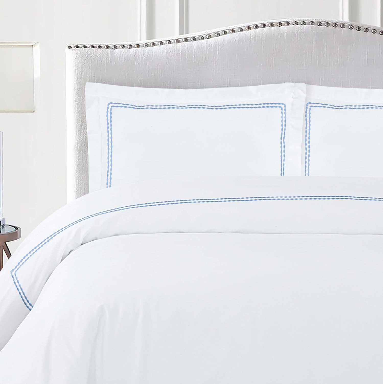 Dreamology White Duvet Cover Luxury Hotel Quality Bedding Set 100% Cotton Embroidered Duvet Covers with 2 Pillow Shams Hypoallergenic Zipper Closure 3 Pieces Duvet Set (Sky Blue, King)