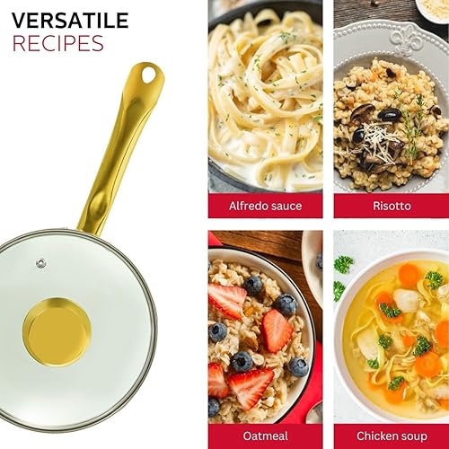 Miniatura 5 de Holstein Housewares Cacerola antiadherente de cerámica blanca de 3.5 cuartos con tapa, color dorado y mango de acero inoxidable, elegancia dorada