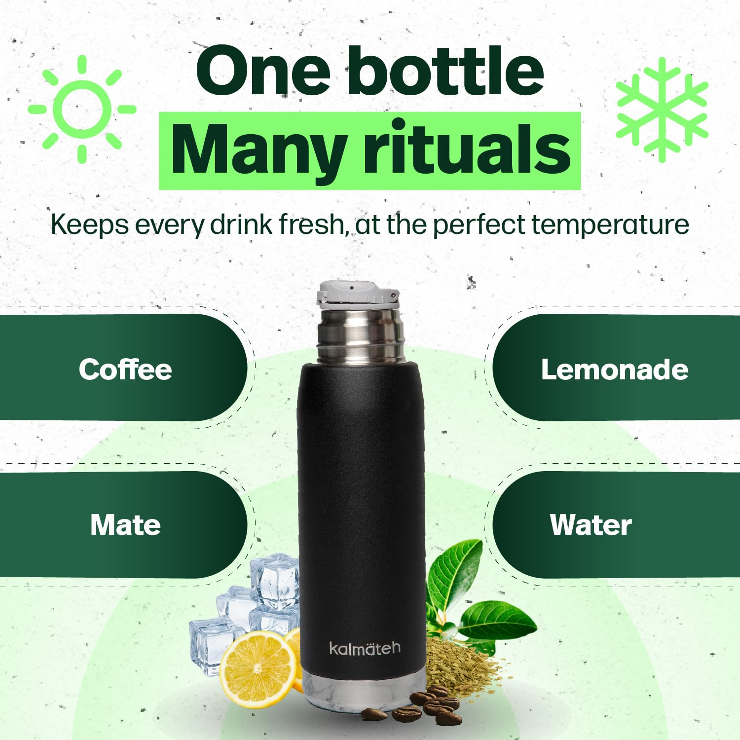 Kalmateh [NOWOŚĆ] Termos ze stali nierdzewnej z podwójnymi ściankami (760 ml) precyzyjne odlewanie i zatrzymywanie ciepła - do Yerba Mate, kawy, herbaty, kempingu (czarny)