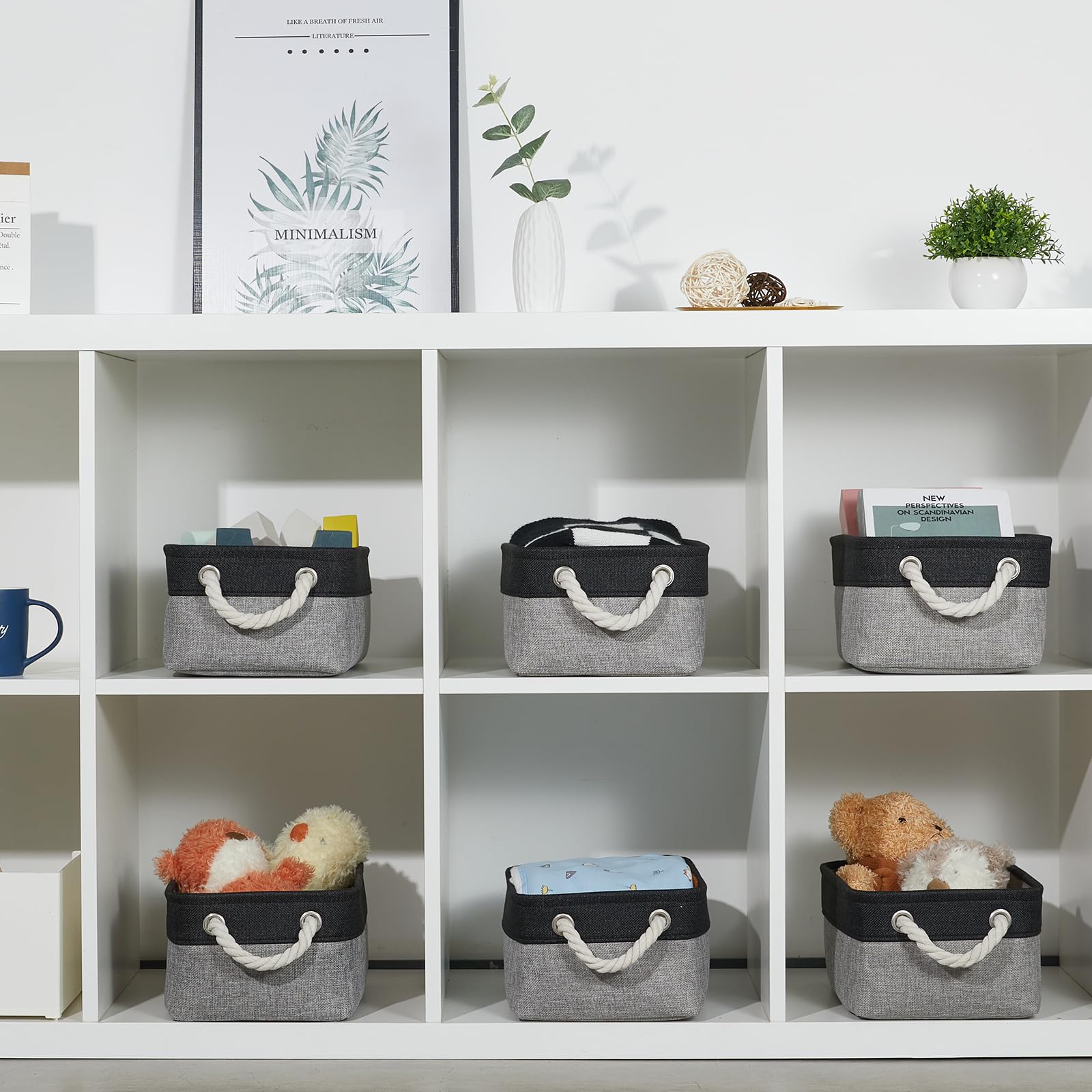 Bidtakay Aufbewahrungskörbe, 6 Stück, klein, Stoff, Leinen, faltbar, 30 x 20 x 12 cm, Organizer-Körbe mit Griffen, dekorative quadratische Körbe für Schrank, Regale, Schrank (schwarz und grau)