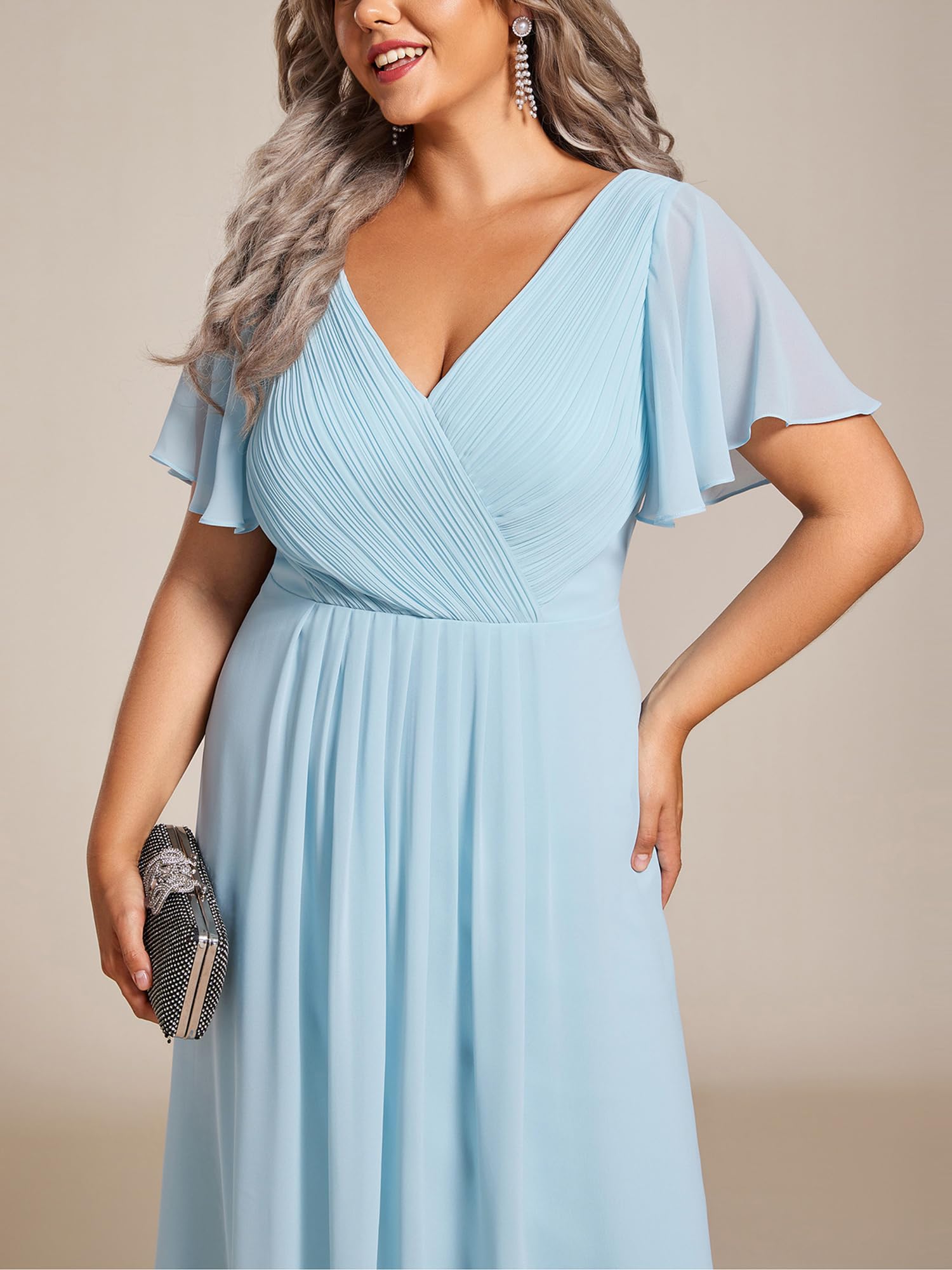 Ever-Pretty Donna Una Linea Increspato Scollo A V Maniche Corte Al Ginocchio Plus Size Wedding Guest Dress 01923-DA, Cielo blu, 50