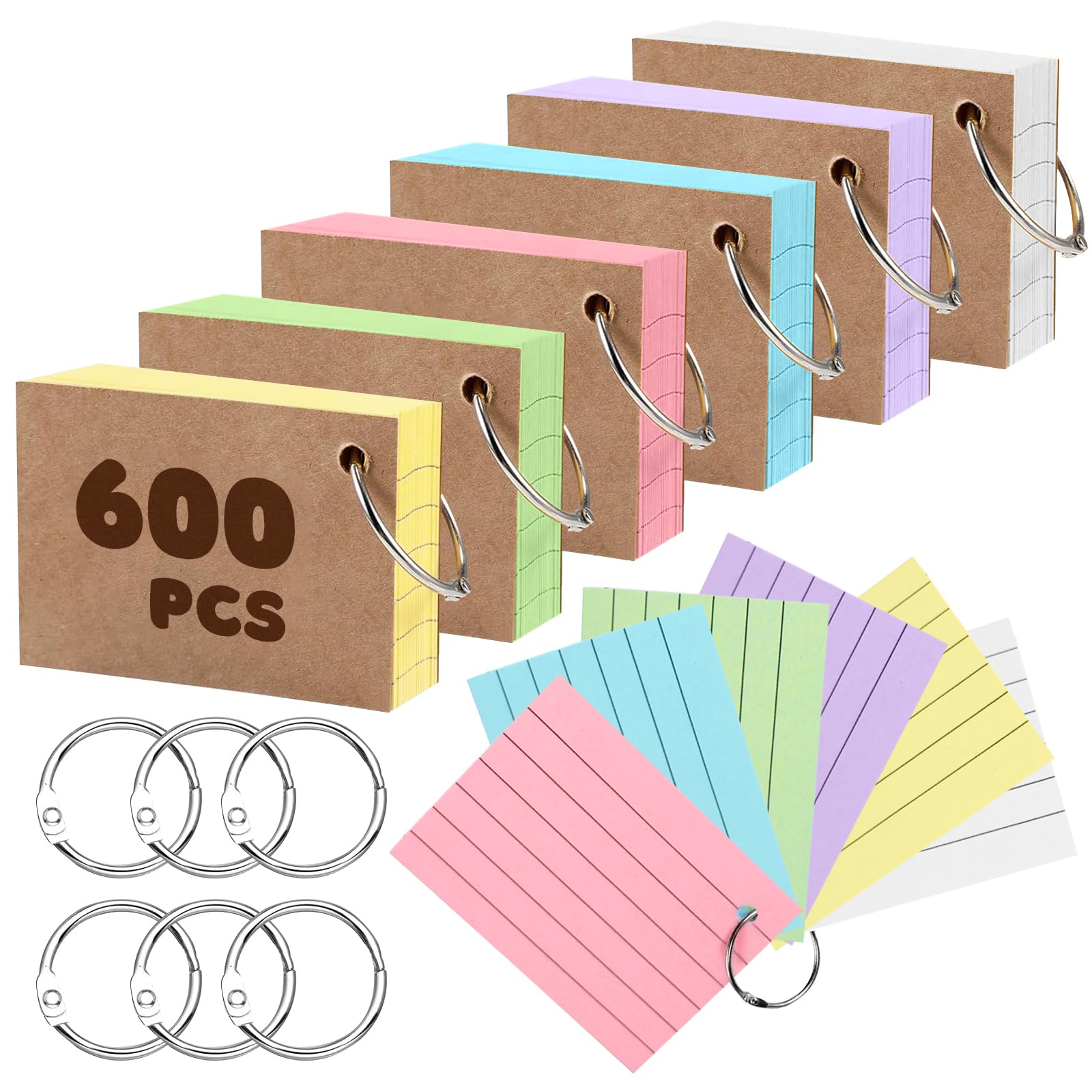 Fiches Bristol A8 Lignées 600 Cartes d’Index Couleurs 6 Anneaux de Reliure