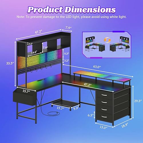 Miniatura 2 de Escritorio para juegos en forma de L con panel de luces LED y tomas de corriente, escritorio de computadora en forma de L con gabinete y cajones,