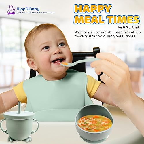 Miniatura 6 de HippoBaby Suministros de destete para bebés  Juego de 10 piezas de alimentación de silicona  Taza de babero para bebé niño pequeño plato dividido y