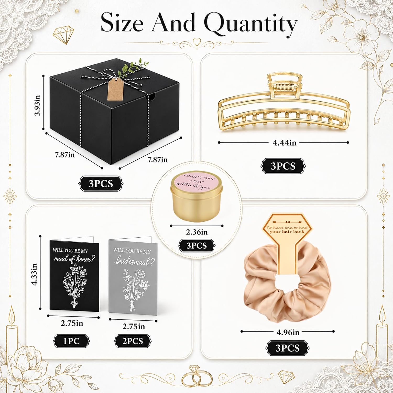CITYCHALET 37Pcs Bridesmaid Gifts Set of 3 Black,Maid of Honor Proposal Gift Boxes Set,Cosmetic Bag Scented Candle Jewelry Box Metal Hair Clip Knot Bracelet Bachelorette Party Bridal Shower image 2