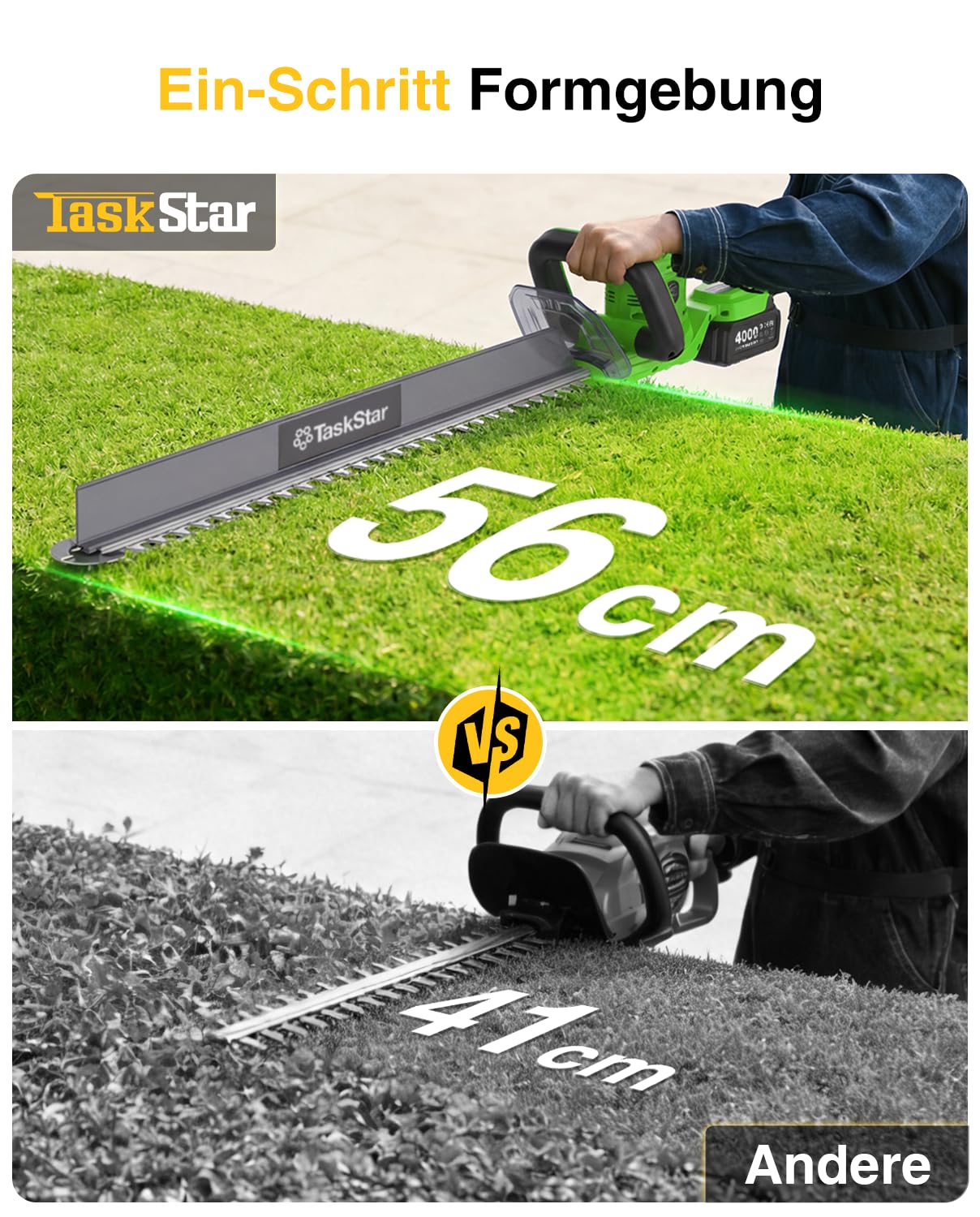 TaskStar Cortasetos a Batería 56CM: Cortasetos Eléctrico con Mango Giratorio, Recogedor de Ramas, 2 Baterías Recargables de 4.0Ah, Cuchilla de Doble Acción, Cortasetos para Jardín y Arbustos
