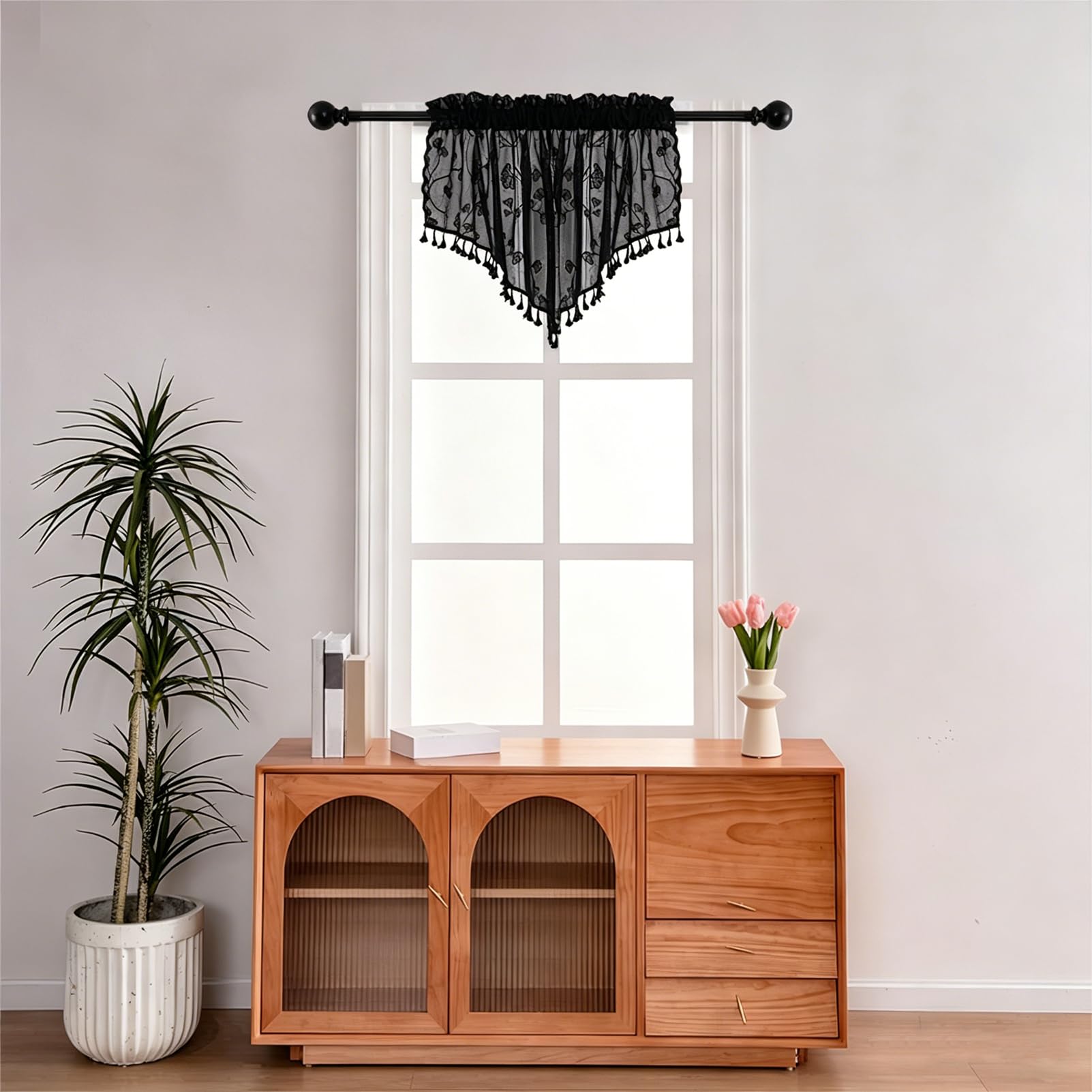 Lot de 3 cantonnières transparentes noires pour fenêtres, petits rideaux décoratifs en dentelle, pour cuisine, salon, motif feuilles