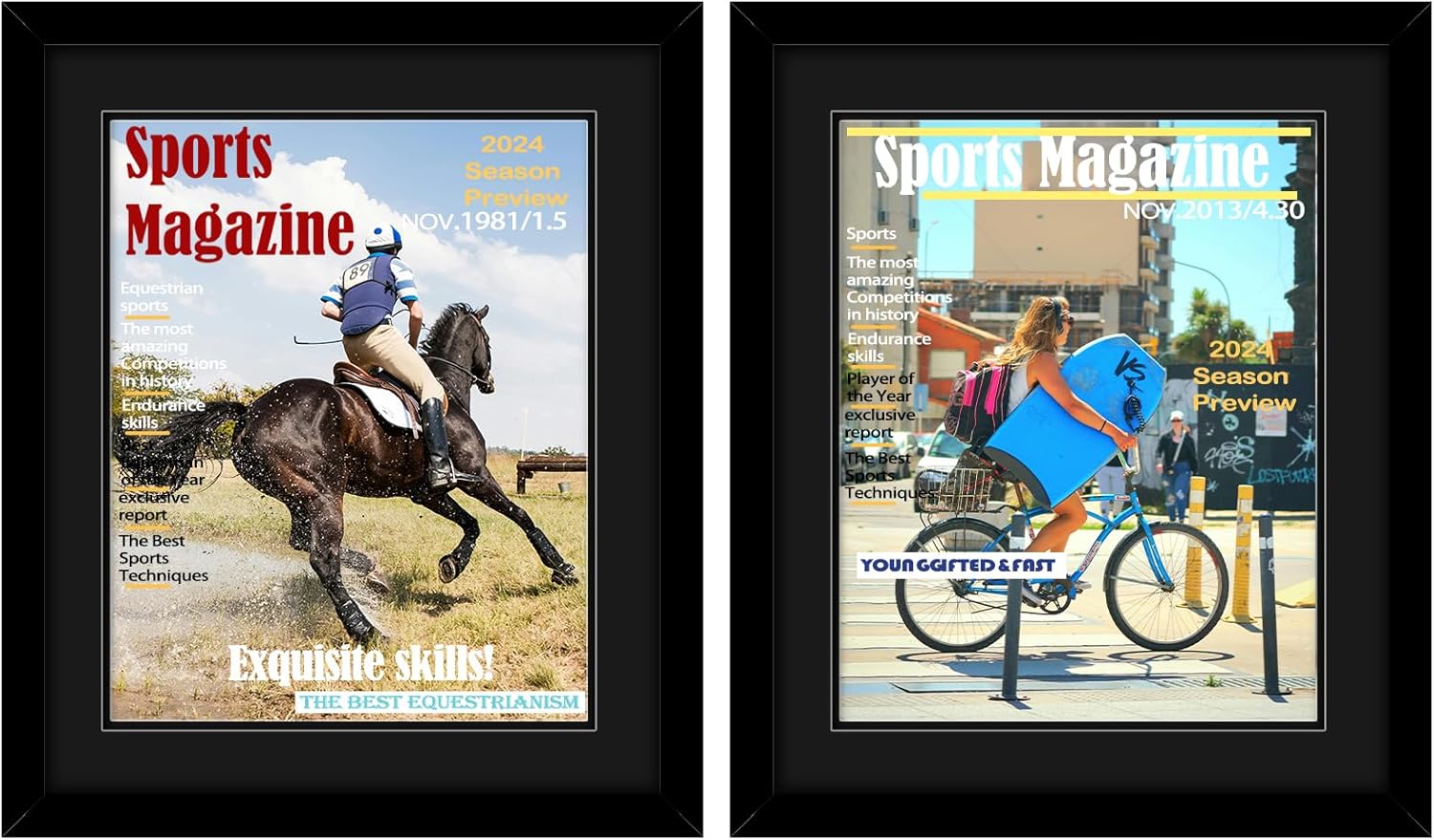 4 Pack Sports Magazine Frame Display 8.5 x 11.25 or 8.25 x 11 Magazine with 2 Sizes Black Mat, or 11x14 Photos without Mat, Magazine Display Frame with Shatter Resistant Plexiglass for Wall, Black