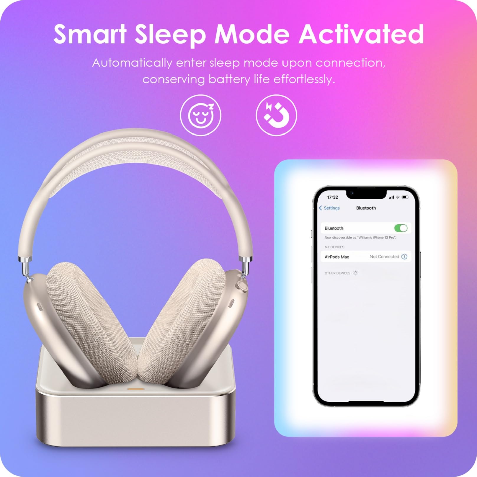 Estación de carga para auriculares AirPods Max 1 y 2 – Base de carga magnética con conector Lightning y USB-C, pantalla LED, fácil de cargar (Starlight)