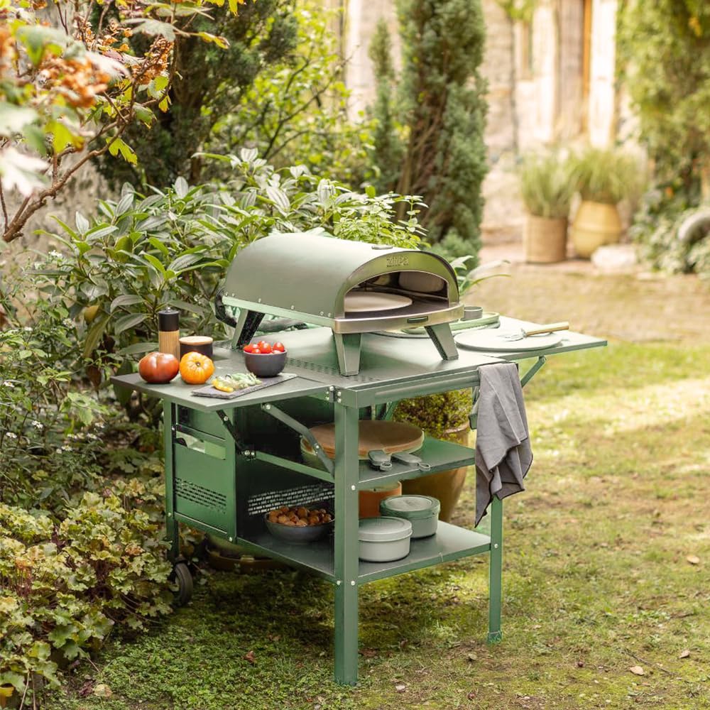 ZiiPa • Desserte • Fredda • Dimensions Adaptées au Four à Pizza Piana et Piana Gaz • Deux Plateaux Escamotables • Deux Grands Tiroirs de Rangement • (Eucalyptus)