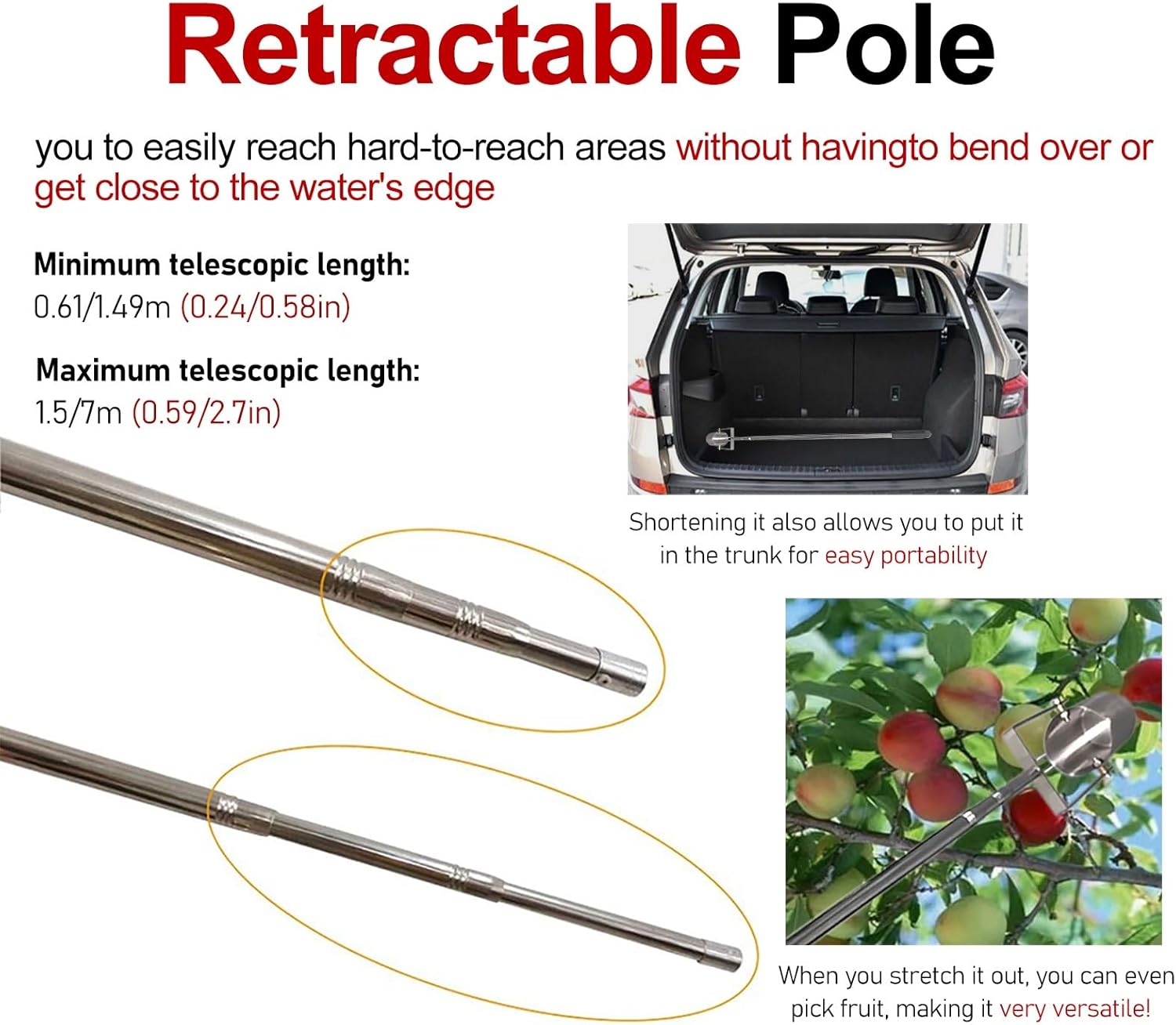 ERRULAN 304 Stainless Steel Pendulum Beaker Sampler, Telescopic Rod Water Quality Sampler, Water Sampling Dipper Long Handle Retractable for River/Lake/Pond(Non-Graduated,1.49-7m/4.9-23.0ft)