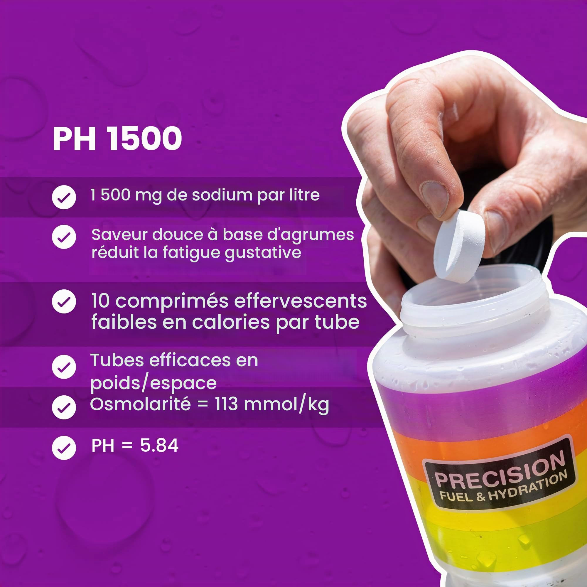 Precision Hydration Comprimés Électrolytes - Comprimés Hydratants Effervescents Multi-Force - Combat les Crampes - Faible en Calories, Sans Gluten (12 Tube, 1500mg/L - Violet Tube)