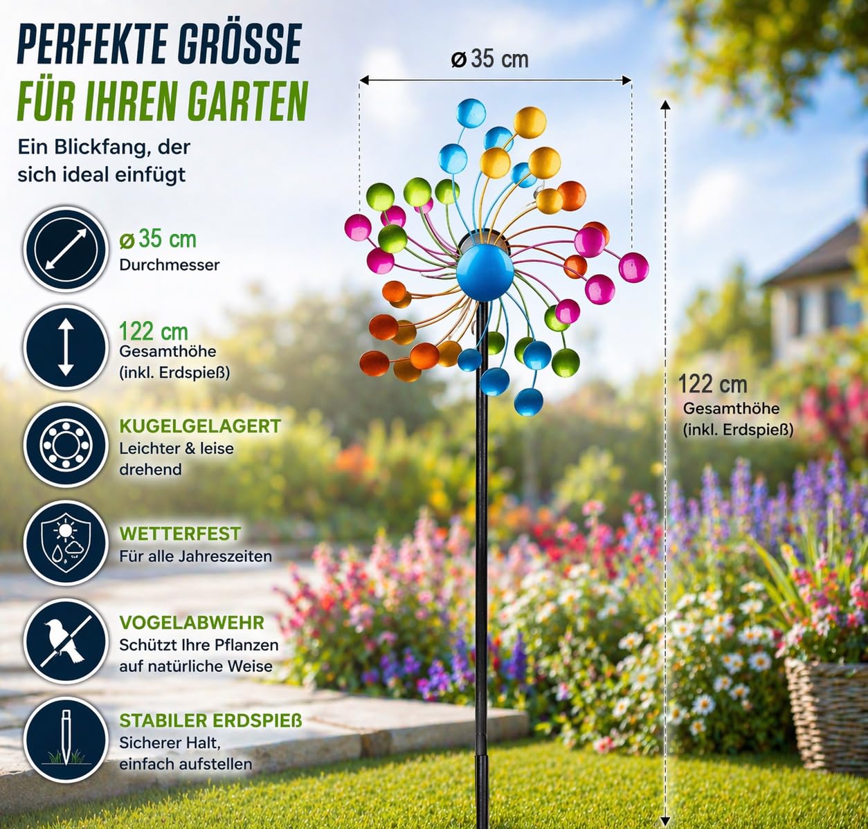 Kremers Schatzkiste Molinillo de viento para jardín, metal, con rodamiento de bolas, diámetro de 35 cm/122 cm, con estaca para suelo, decoración de jardín resistente a la intemperie para arriates
