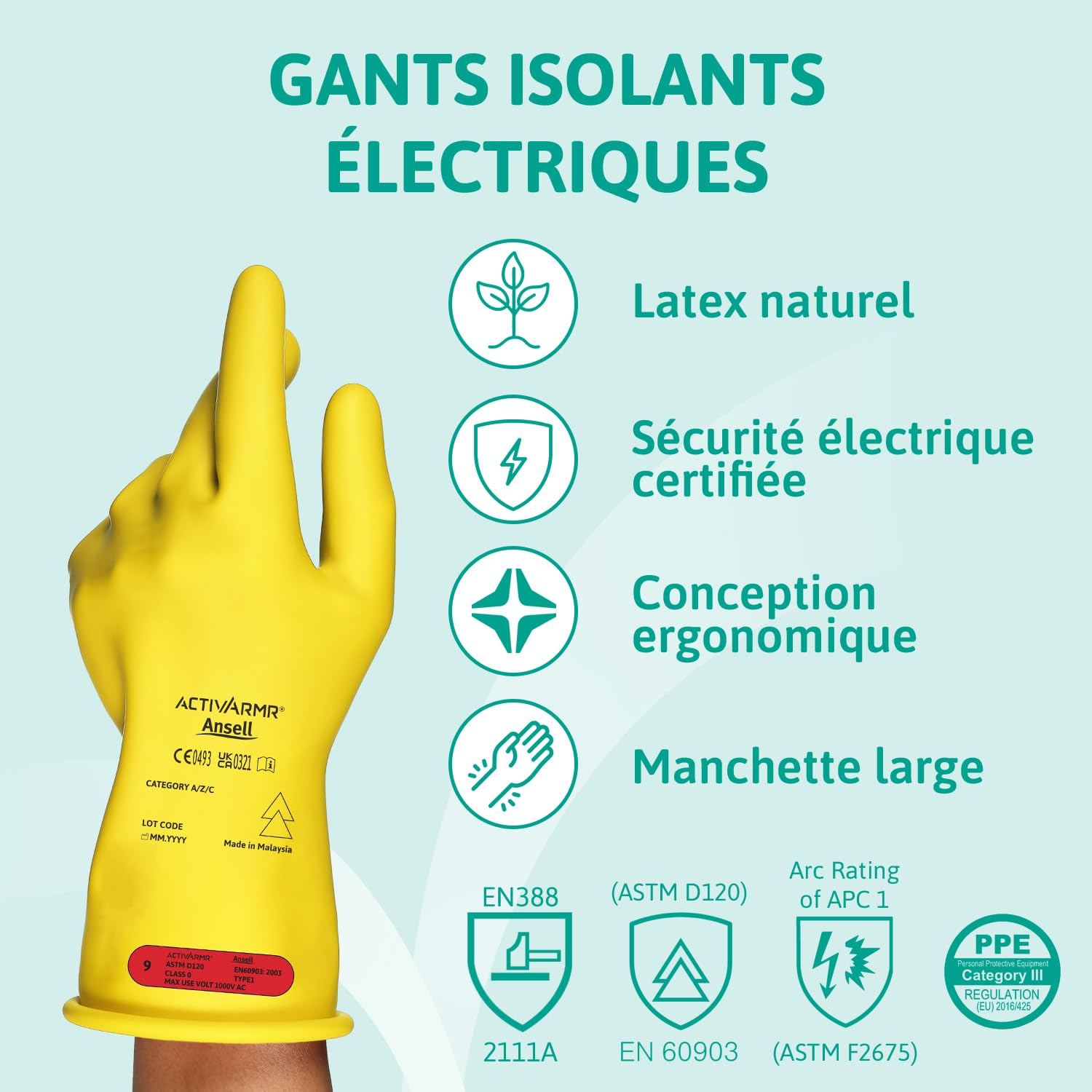 Ansell ActivArmr E013B Gants Electricien, Protection Électrique Classe 00 (Tension 500V), Gants Isolants en Latex de Caoutchouc Naturel, EPI pour Professionels, Noir, Taille M (1 Paire)