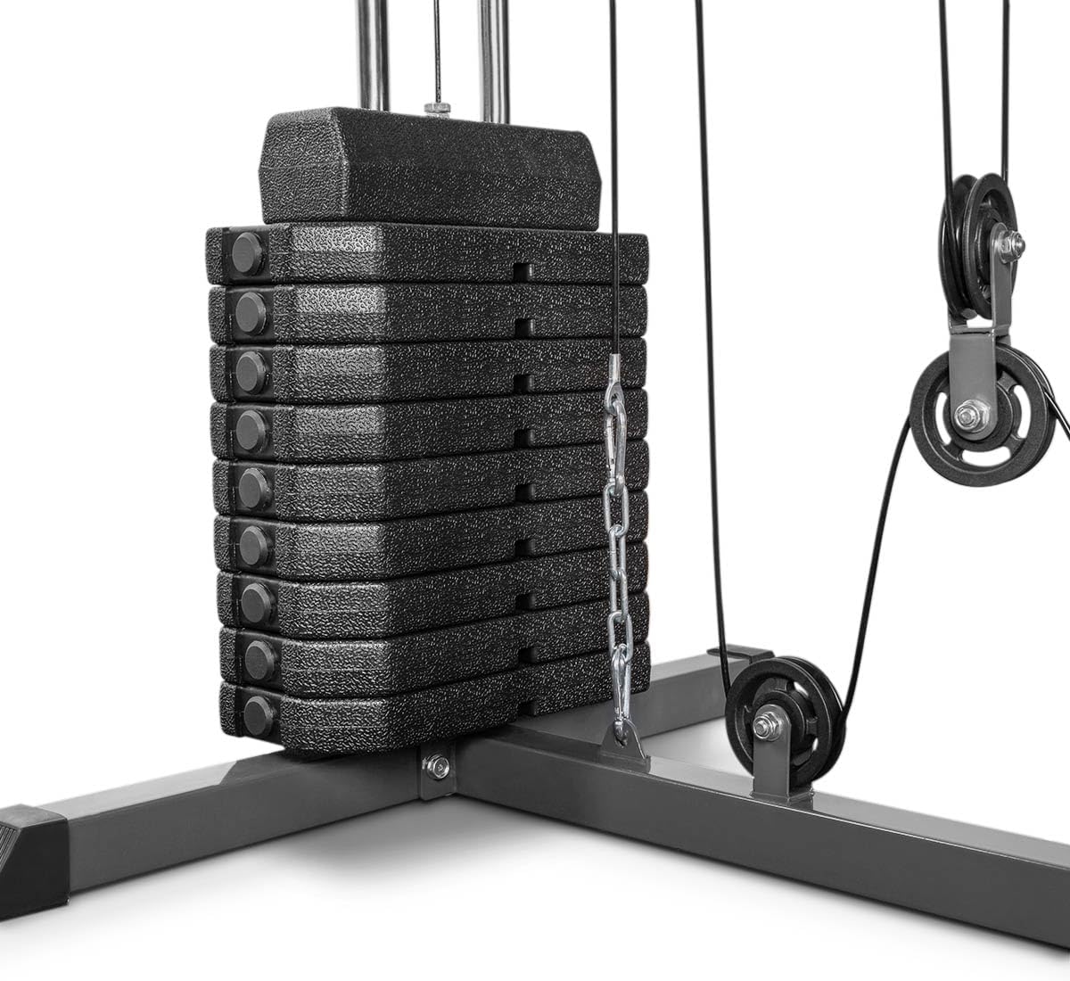 Close-up of GYM-100 weight stack and pulleys
