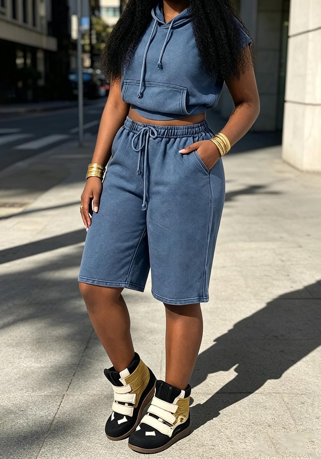 LKOUS Women's 2 Piece Short Sets Hoodie Tank Top and Drawstring Knee Length Shorts Sweatsuits Summer Matching Set
