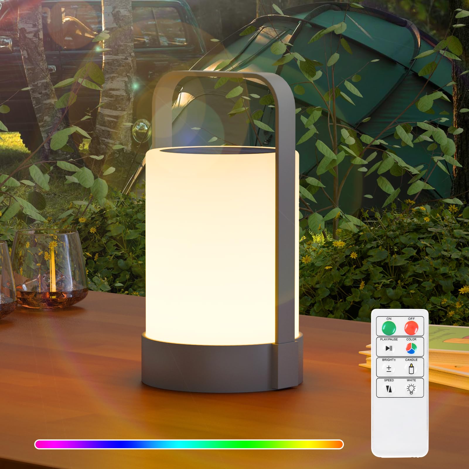 Postlucky Lampara de Mesa Solar para Exterior 2en1 Lámparas de Mesa LED Inalámbrica Control Remoto Regulable Luz Blanca Cálida RGB Lámpara de Mesa Recargable Portatil para Exteriores Jardín -E