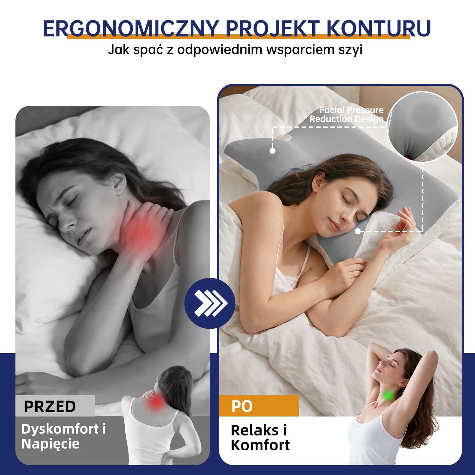 Ergonomiczna Poduszka Pod Kark 2 w 1, Poduszka z Pianki Plecach i Brzuchu, Poduszka Ortopedyczna do Spania Dla Osób Śpiących na Plecach, na Boku i na Brzuchu - 60x43x14/12cm Jasnoszary