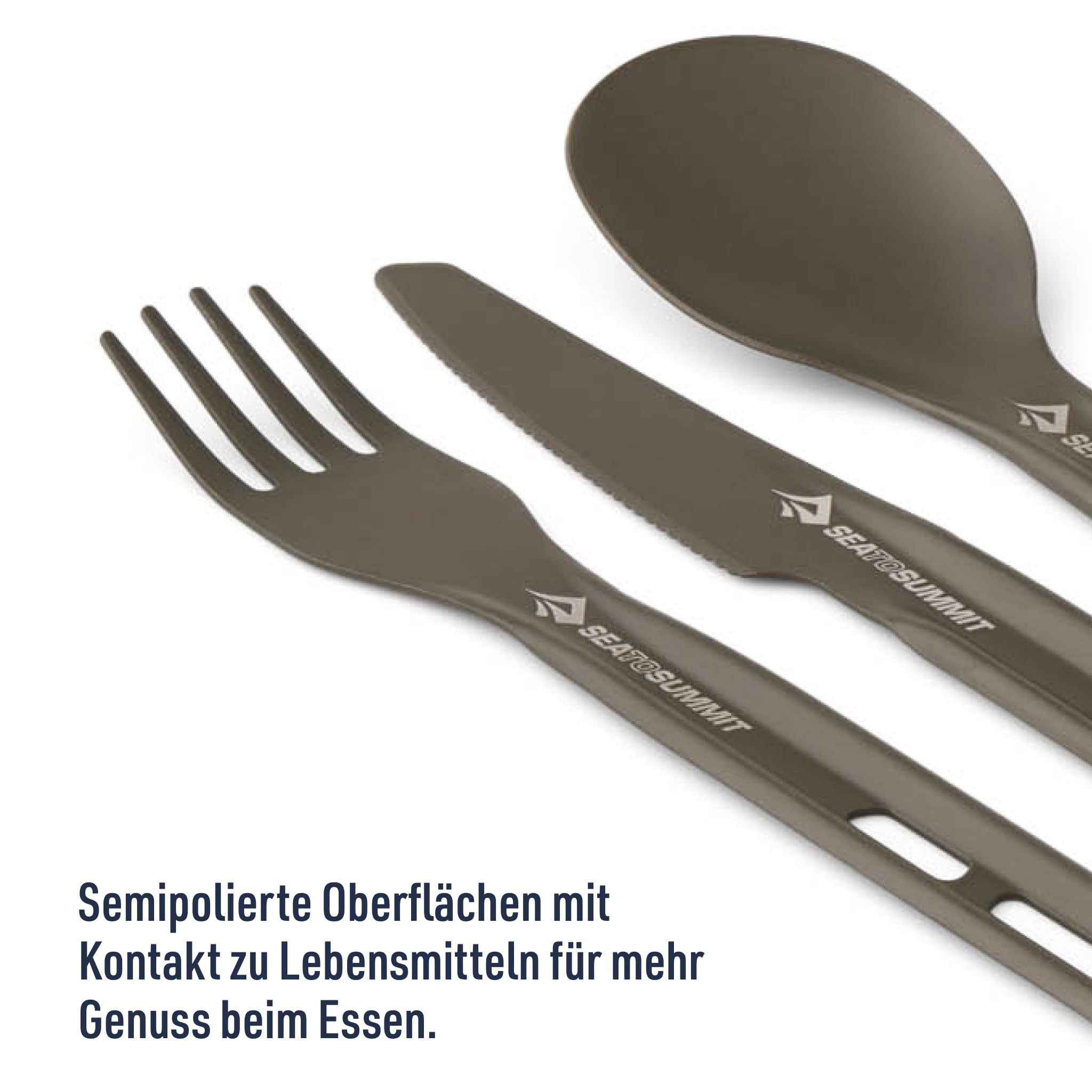 SEA TO SUMMIT - Frontier Ultraleichtes Besteckset - 1 Person, 3-teilig - Camping-Gabel, Löffel & Messer + Karabiner - Leicht - Campinggeschirr aus harteloxiertem Aluminium - Glatt & Mattiert - 26 g
