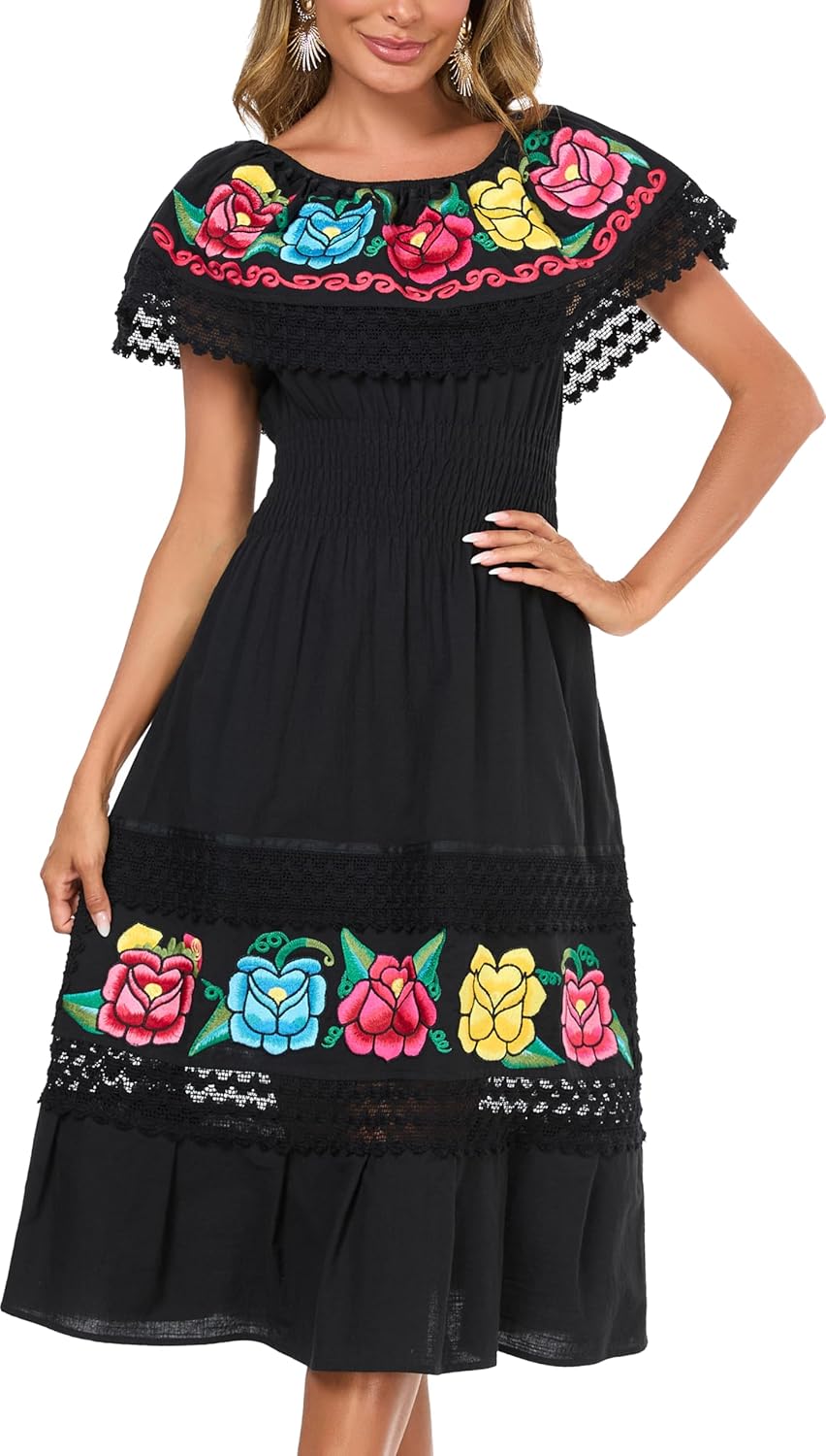 YZXDORWJ Women Embroidered Mexican Peasant Casual Sexy Lace Off-Shoulder Long Dress - Image 4