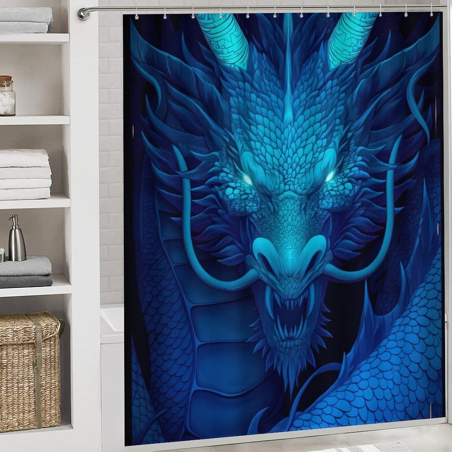 Dragon Blue 4 PCS Bathroom Set with Shower Curtain Rugs, Ultra Soft Coral Fleece Bath Mat, U-Shaped Rug, Toilet Lid Cover, 72" X 72"