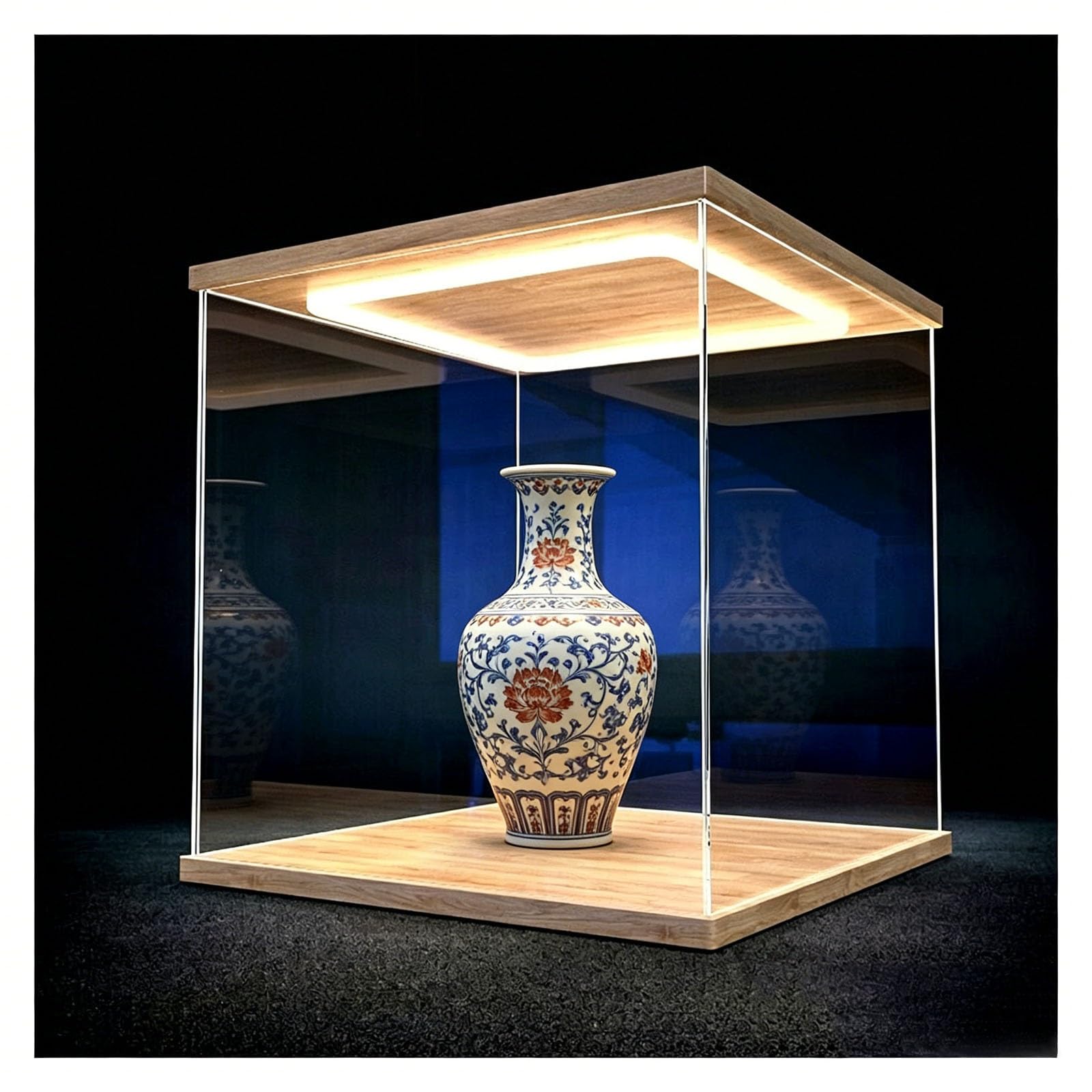Stackable Acrylic Display Case with LED Lighting, High Transparency Storage Cabinet, Dustproof Showcase Box with Wooden Base(40x40x40cm(16x16x16in))