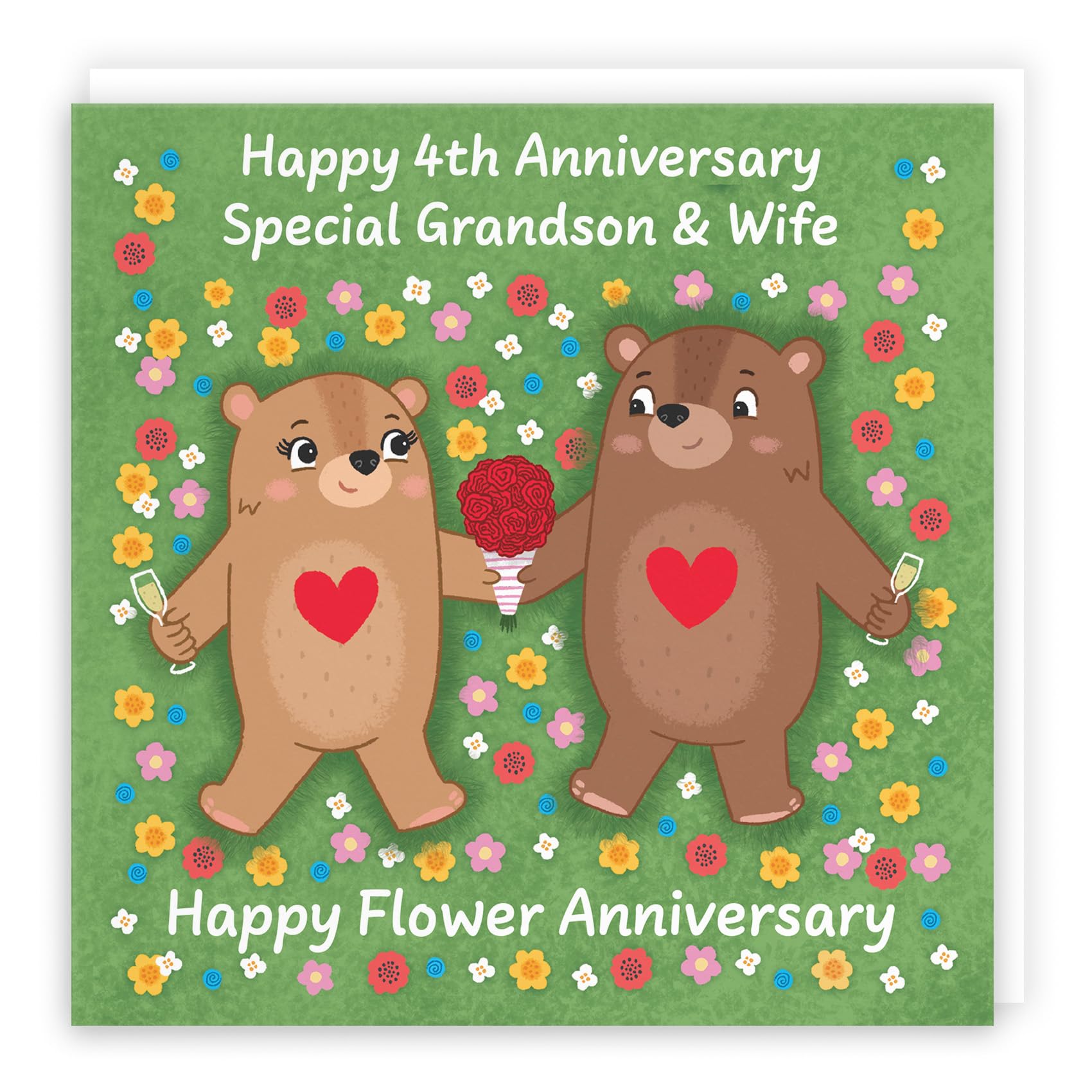 Hunts England, Grandson And Wife 4th Anniversary Card, Flower Anniversary, Fourth Anniversary, 4 Years, Cute Fun Bears Card