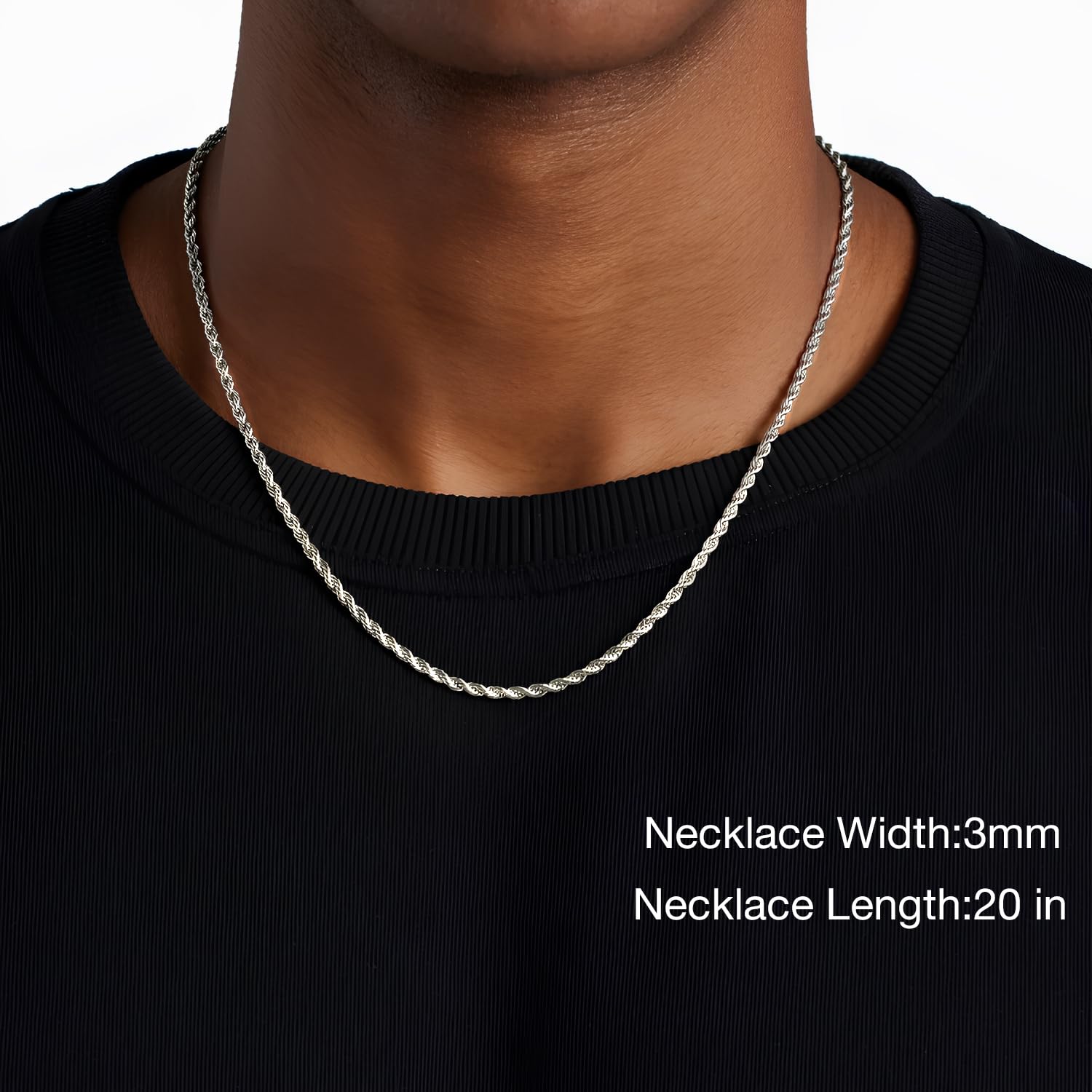 Silver Stainless Steel Rope Chain for Men, 3mm/4mm Mens Rope Twist Chain Necklace, 18-26 Inches