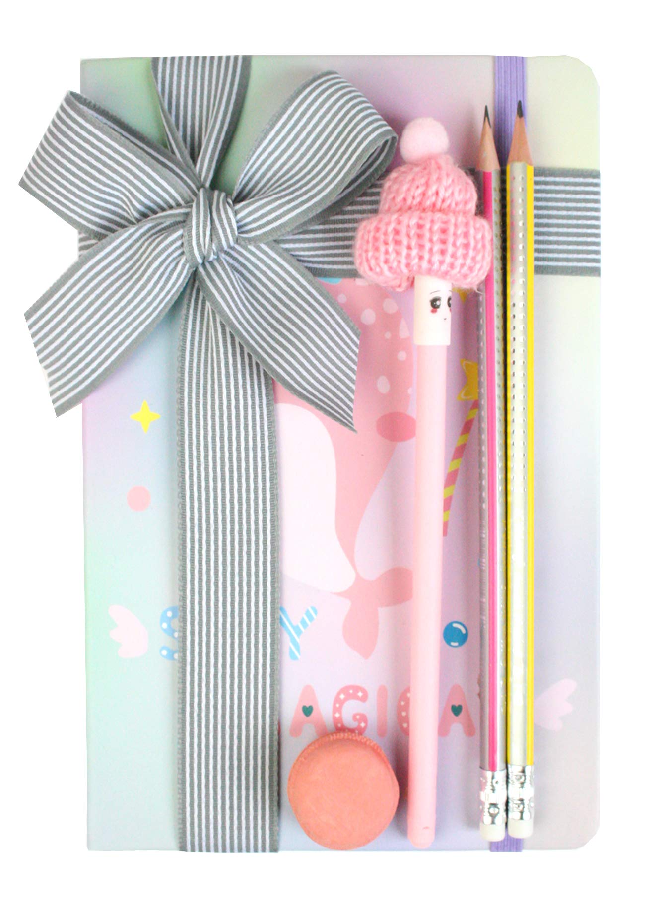 Emartbuy Stationery Gift Set for Girls Kids, A5 Narwhal Notebook, Gel Pen, Pencils, Macaron Eraser, Ribbon