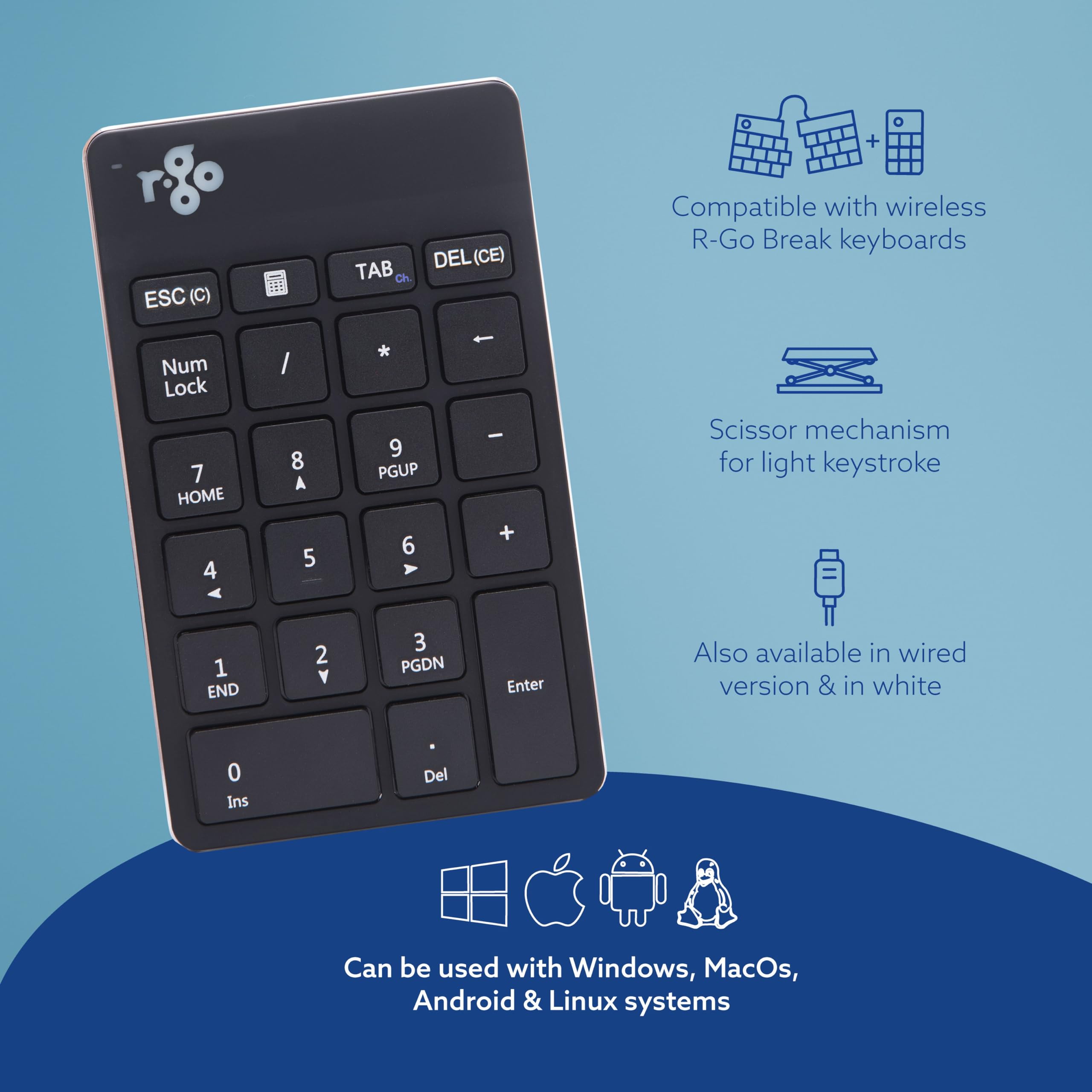 R-Go Break, tastiera digitale, Bluetooth, tastierino numerico, tastiera aggiuntiva, software di pausa anti-RSI, senza fili, compatibile con Windows/Mac/Linux, nero