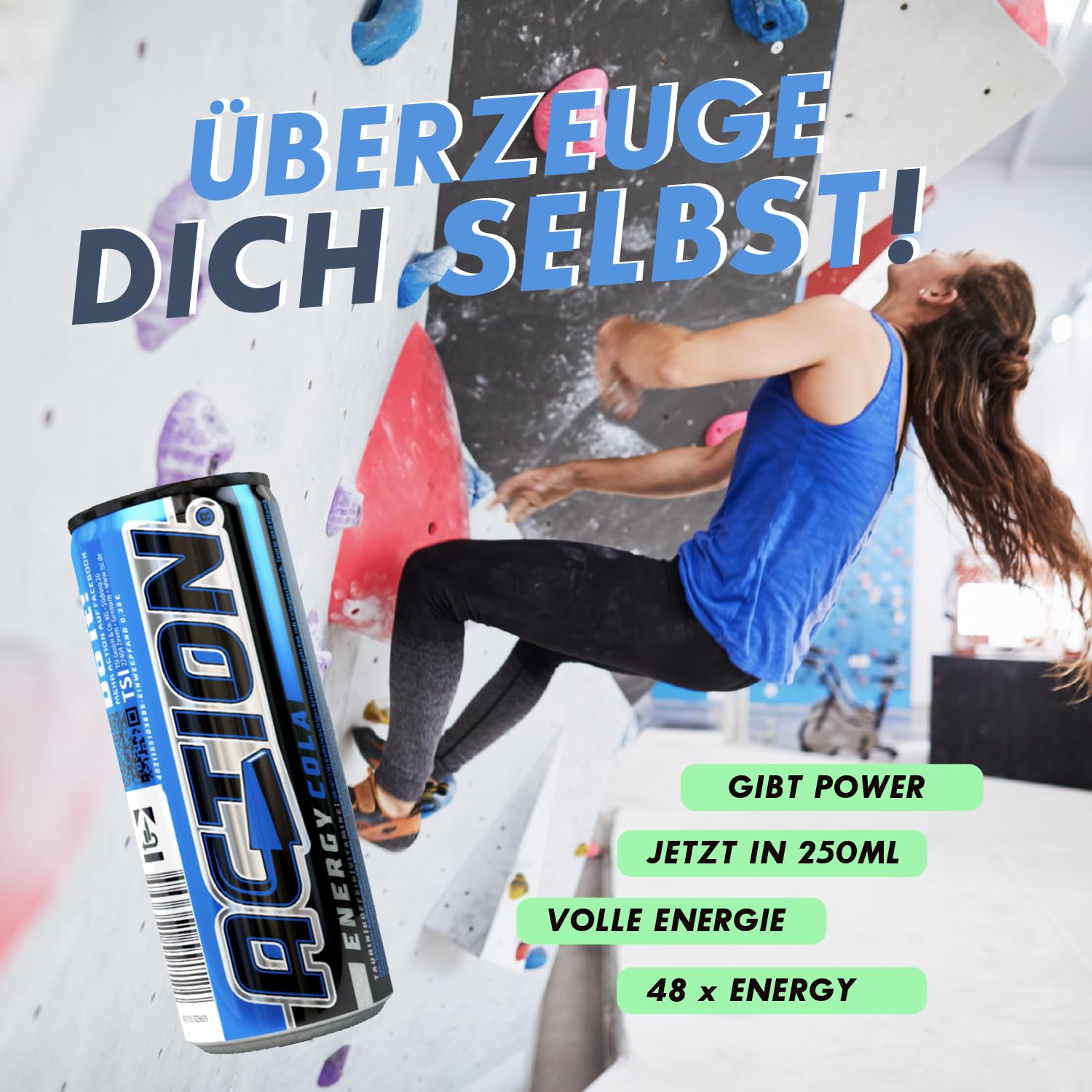 ACTION Energy Drink Cola (48 x 250 ml) con depósito – Bebida refrescante – Energía con mayor contenido de cafeína 32 mg/100 ml de cafeína bebida energética para mejorar el enfoque