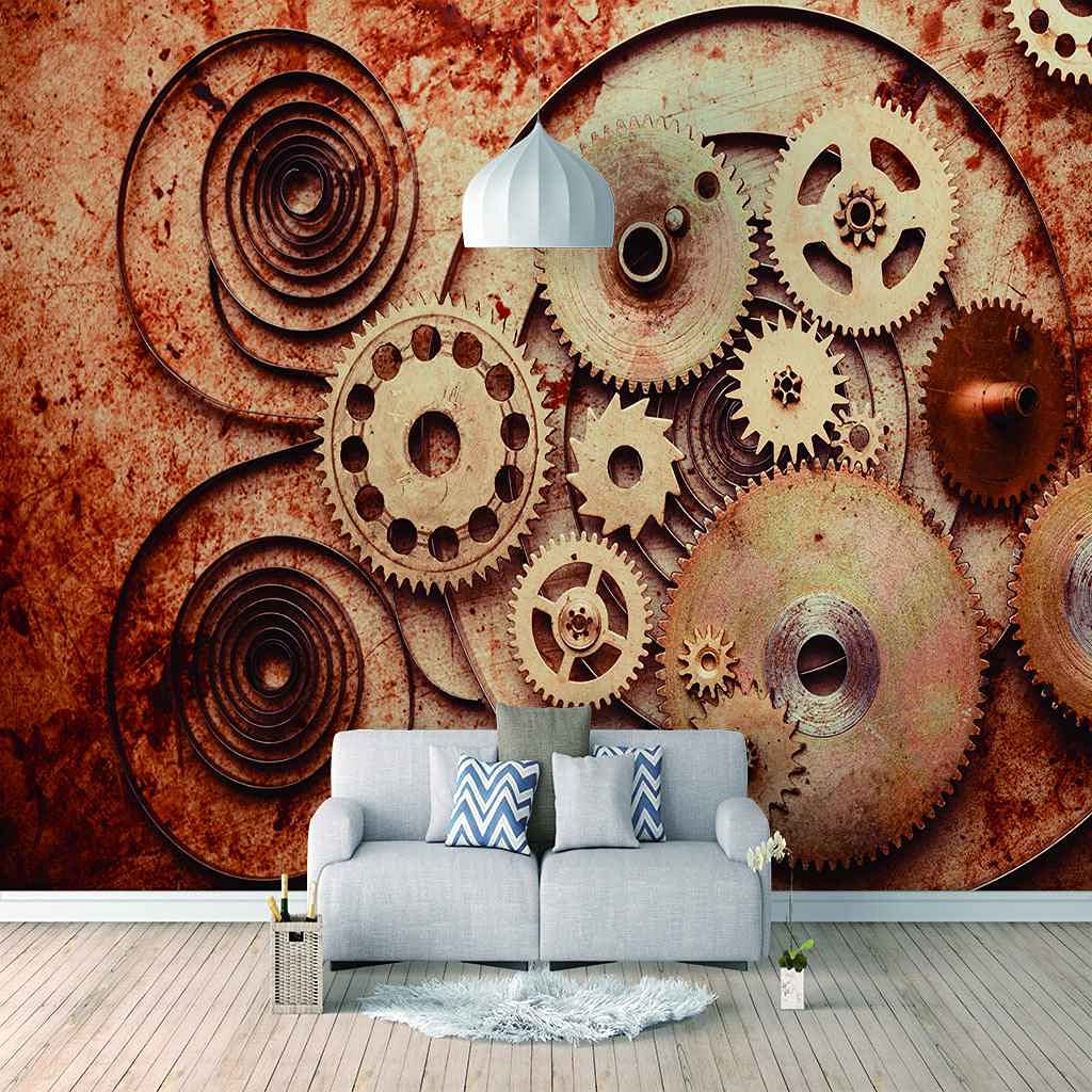 Papier peint panoramique 3D engrenage doré pour masquer un mur terne sans travaux