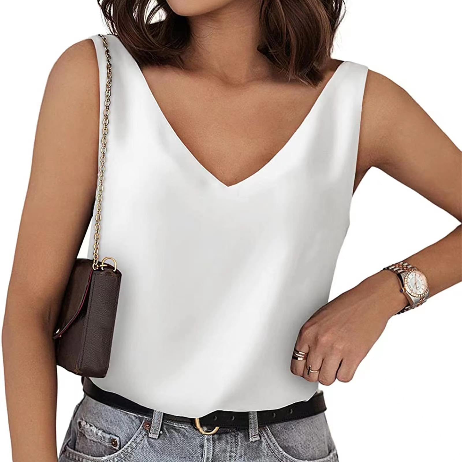 FDEETY Mujer Verano V Cuello Blusa sin Mangas Cuello en V Camisas de Color Sólido Casuales Tank Tops Shirts