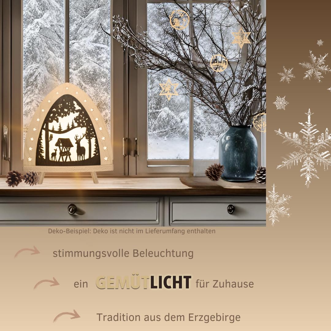 weigla - Dekoleuchte original Erzgebirge I Motiv Hirsch I 1 LED Lampe I 0,8 W, E14 I Weihnachtsdeko innen I Weihnachtsbeleuchtung aus Holz I Fensterdeko