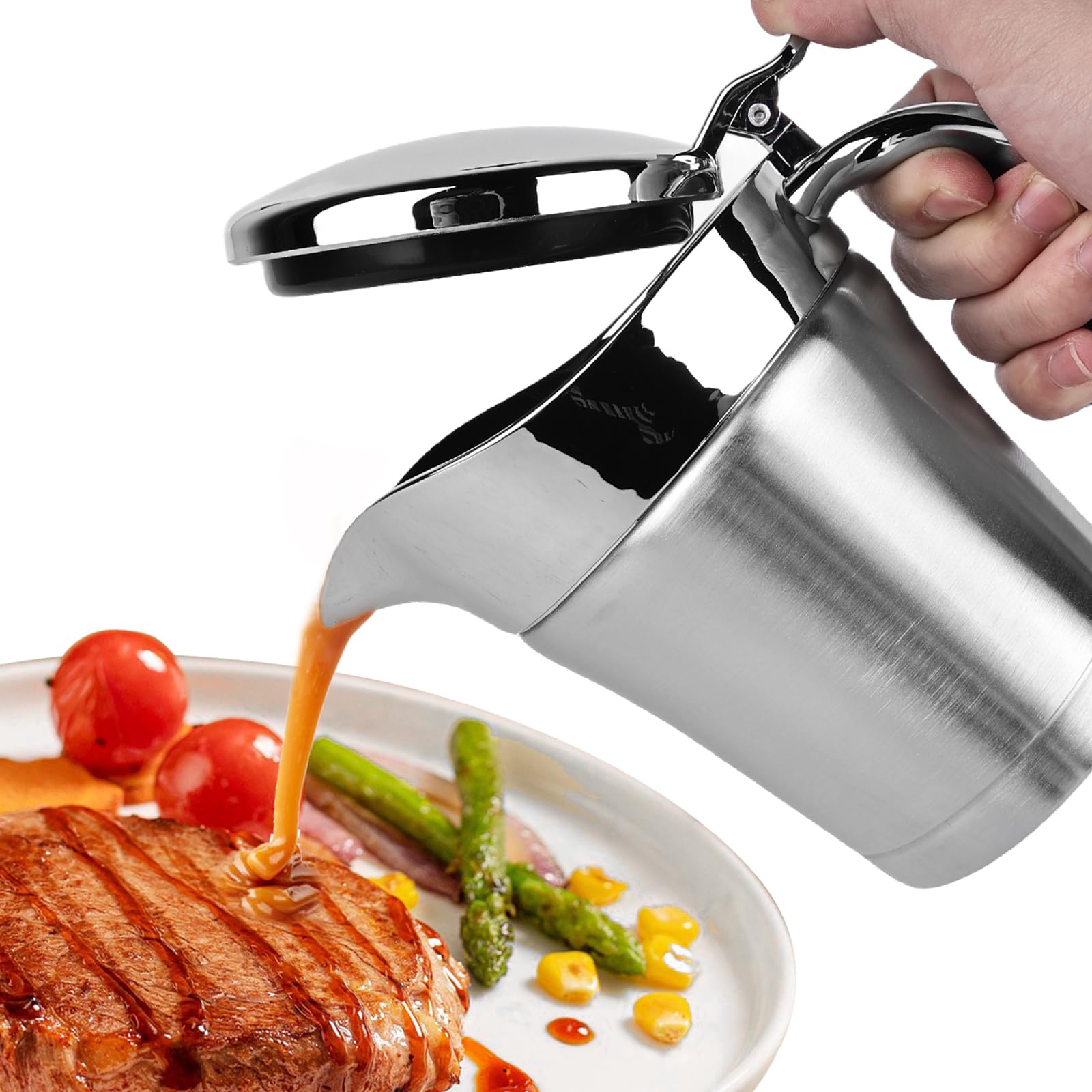 Carafe à sauce thermique en acier inoxydable avec couvercle rabattable, bol de 750 ml, double isolation, carafe à sauce argentée, récipient pour sauce thermique, gobelet pour sauce vanille, crème et