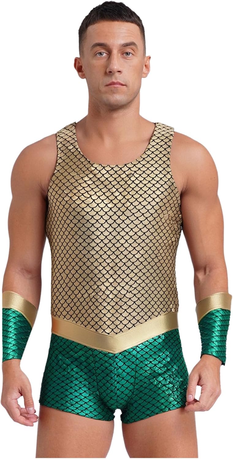 Choomomo Men Sea King Clothes Fish Scales Print Bodysuit with Arm Sleeves for Fancy Dress Party