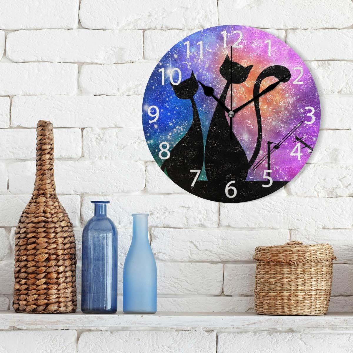 senya Magic Cats Design Round Wall Clock, Silent Non Ticking Oil Painting Decorative for Home Office School Clock Art