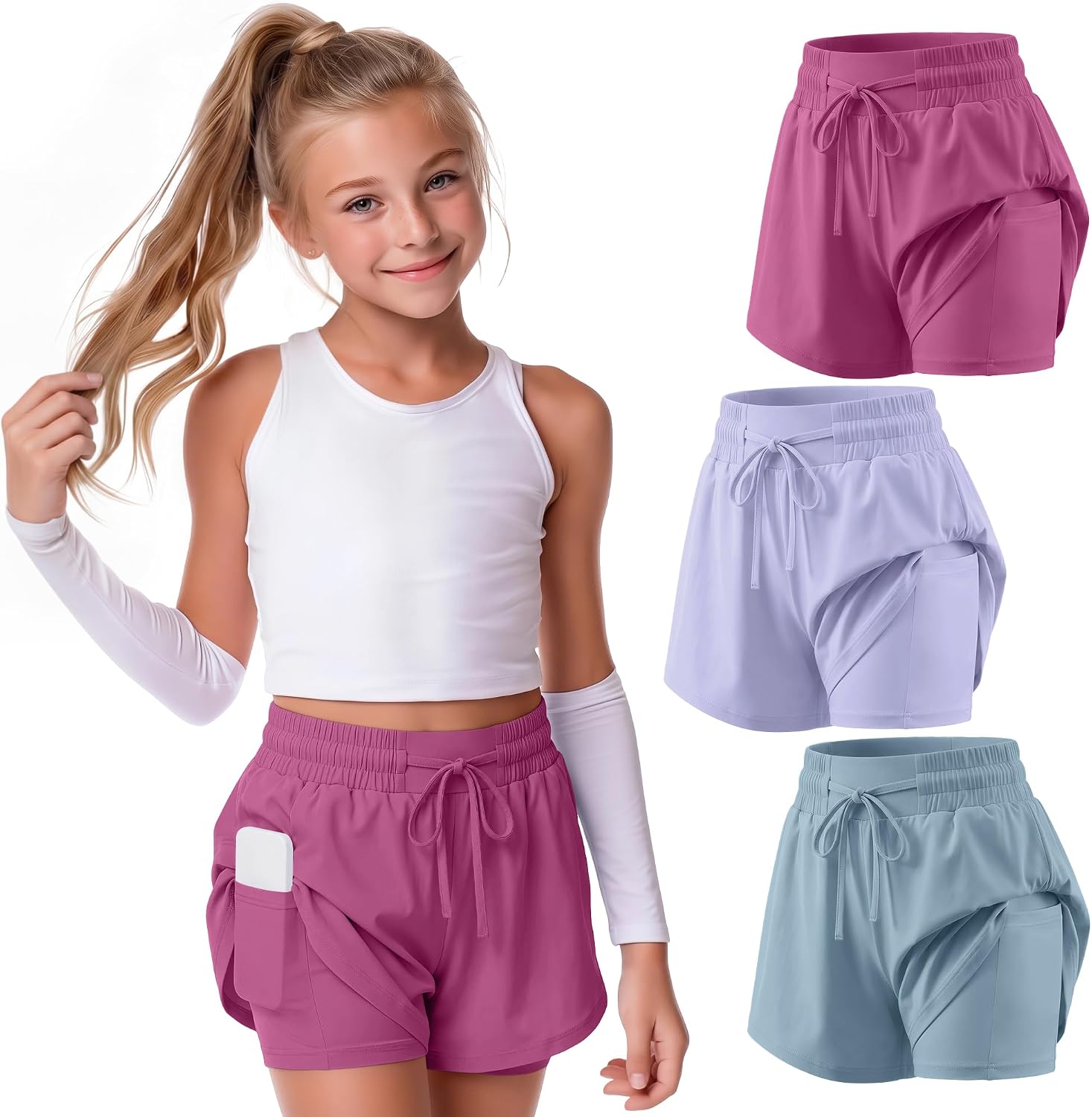 Yooo's Vivi 3 Pack Girls Athletic Shorts Liner 2 in 1 Elastic Waist Drawstring Kids Summer Running Casual with Pockets 5-14Y
