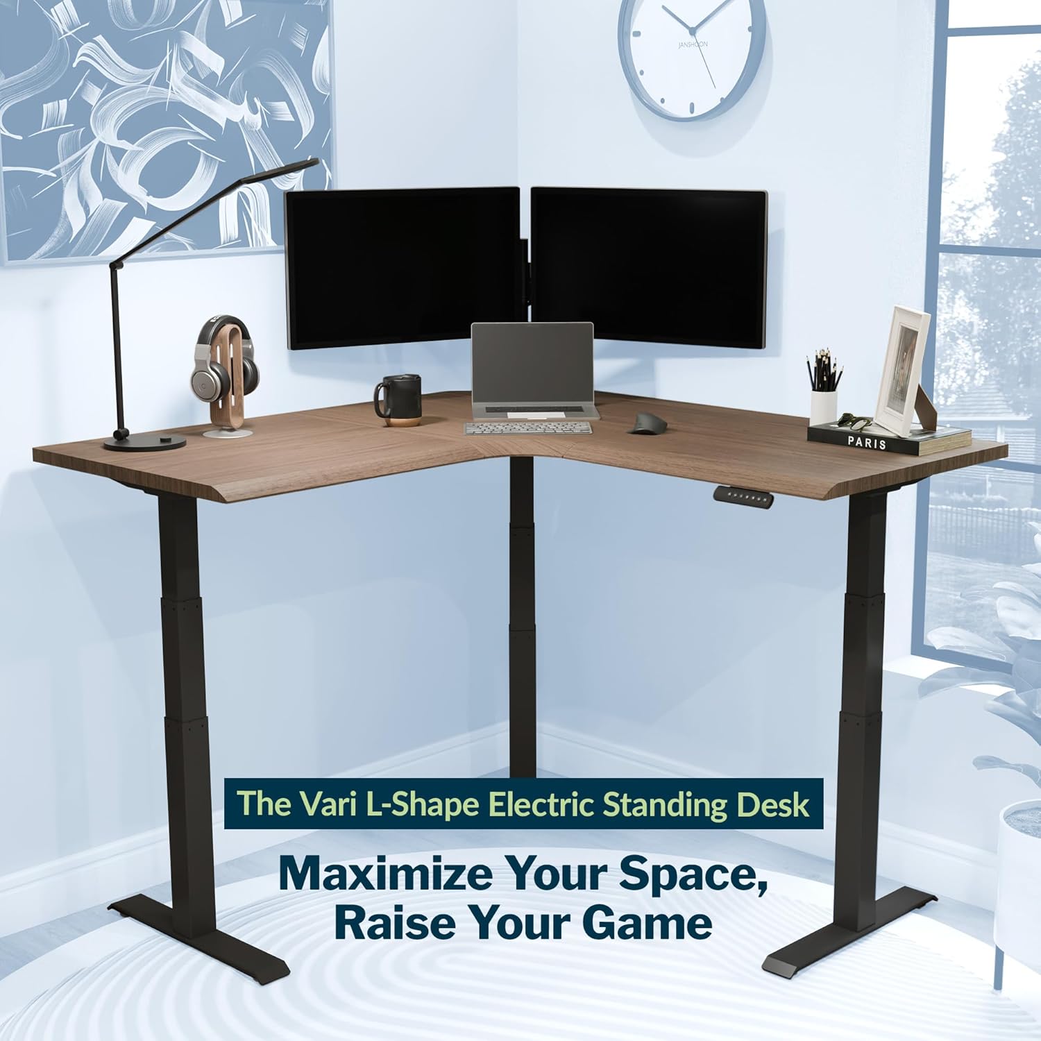 Vari ComfortEdge 60x60 L-Shape Electric Standing Desk – Height Adjustable Sit-Stand VariDesk for Corner Office with Reversible Left/Right Design - Walnut Top/Black Legs (Ships in 3 Boxes)