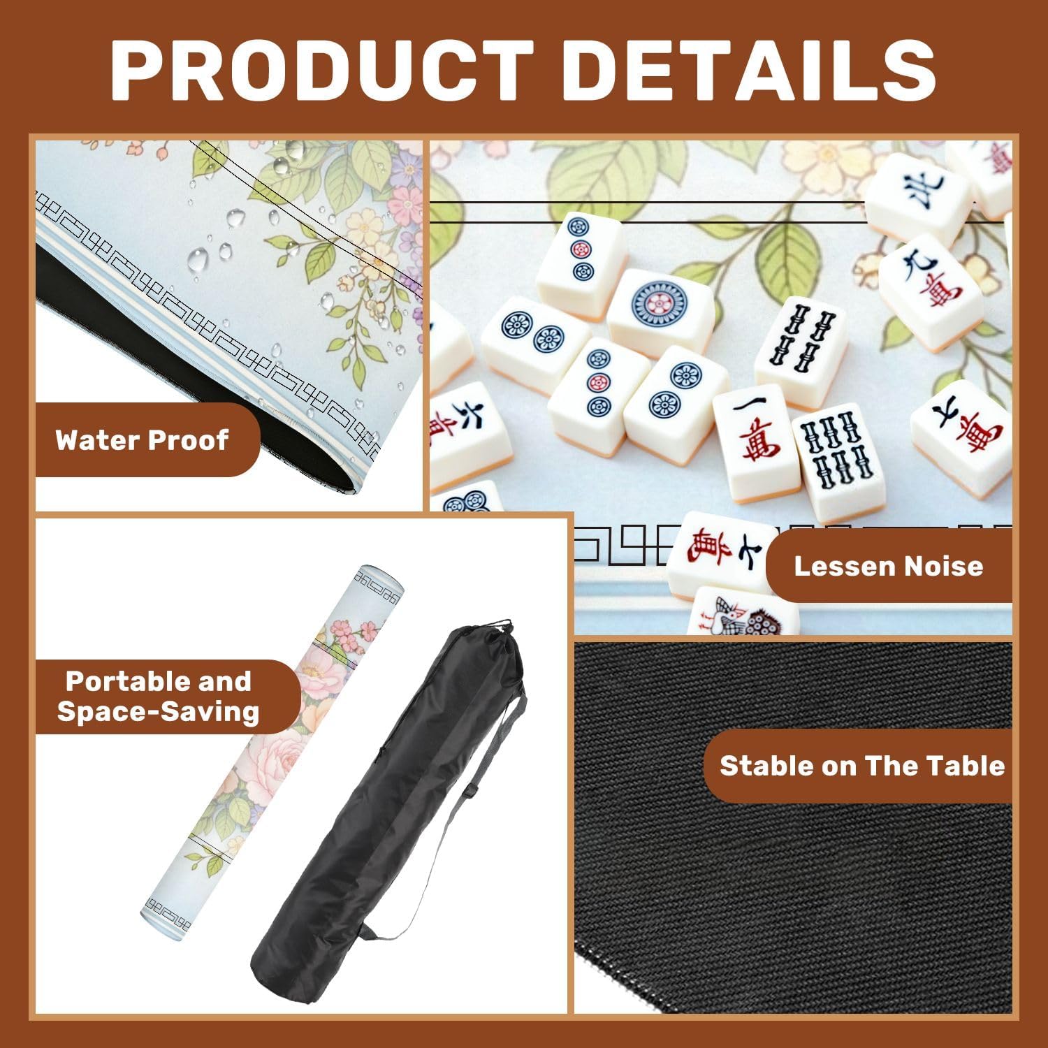 Mahjong Mat for Table Floral Bouquet Pink Peach Roses Yellow Purple Flowers Bird Butterfly 31.5" x 31.5" Non-Slip Noise-Reducing Game Mat Premium Mahjong Accessories for Poker Dominoes Hosting