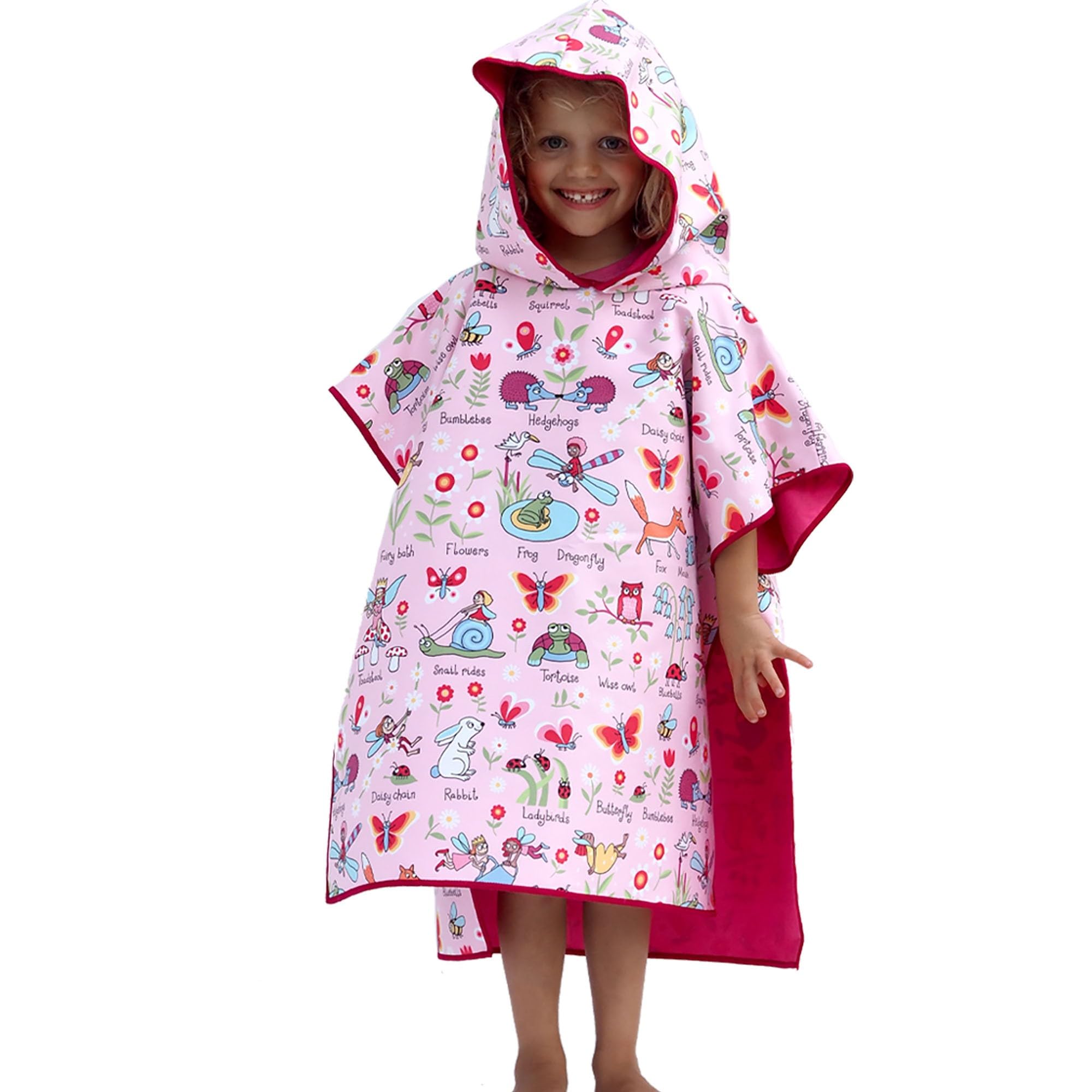 Tyrrell Katz Kids Secret Garden Hooded Poncho Towel, Pink, Microfibre, Quick Dry, Beach Swim Bath Changing Robe for Boys & Girls, Age 2-6