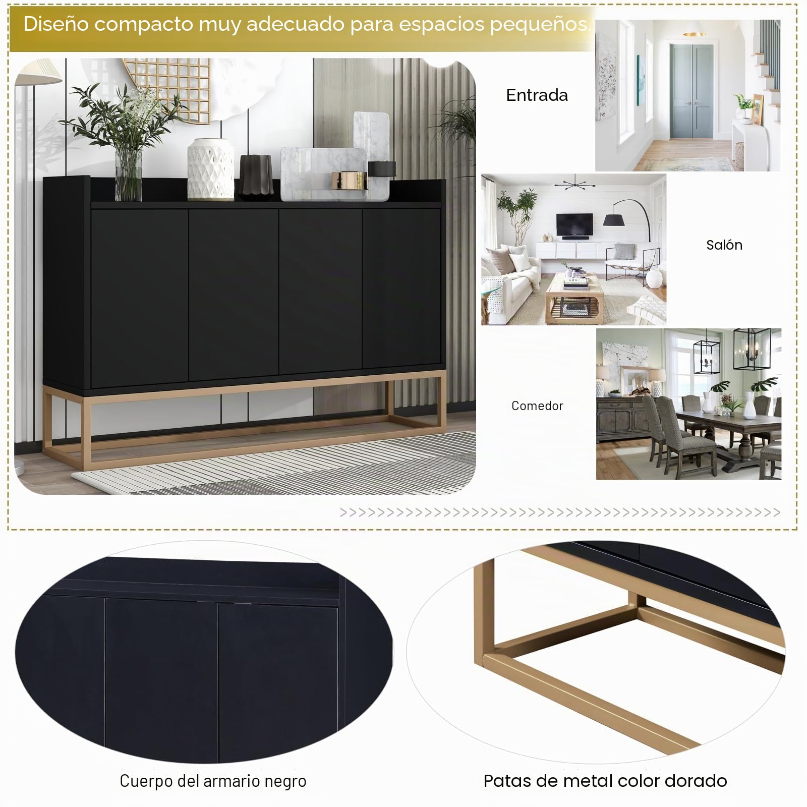 FEEOHOME - Aparador bajo, mueble de almacenamiento con patas de metal, mueble de cocina con 4 puertas y estantes ajustables, armario de cocina, 120 x 30 x 80 cm, para comedor, salón (Negro)