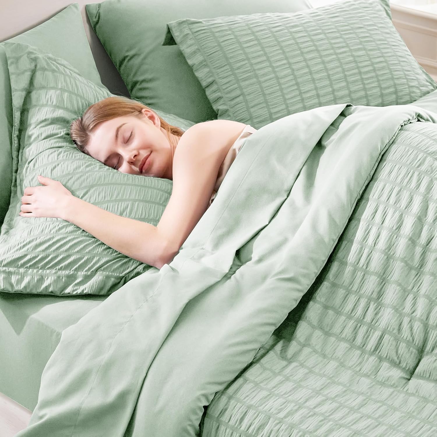 CozyLux Queen Comforter Set Sage Green Seersucker 7 Pieces Bed in a Bag Queen Comforter Set with Sheets Luxury Soft Bedding Set with Down Alternative Comforter, Sheets, Pillowcases & Shams All Season - Image 7