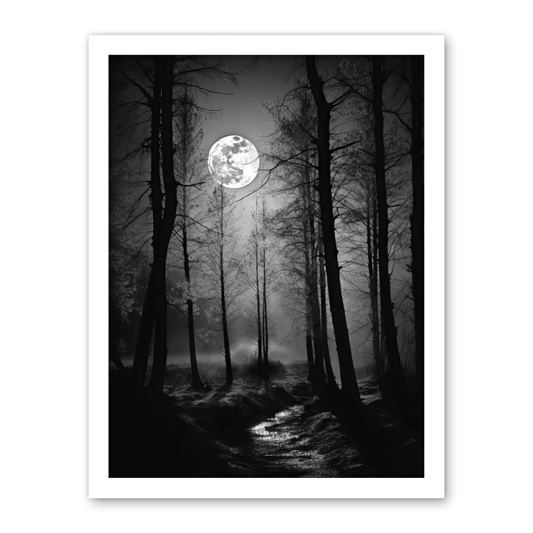 Artery8 Full Moon Over Misty Forest Black and White Photo Artwork Framed Wall Art Print 18X24 Inch